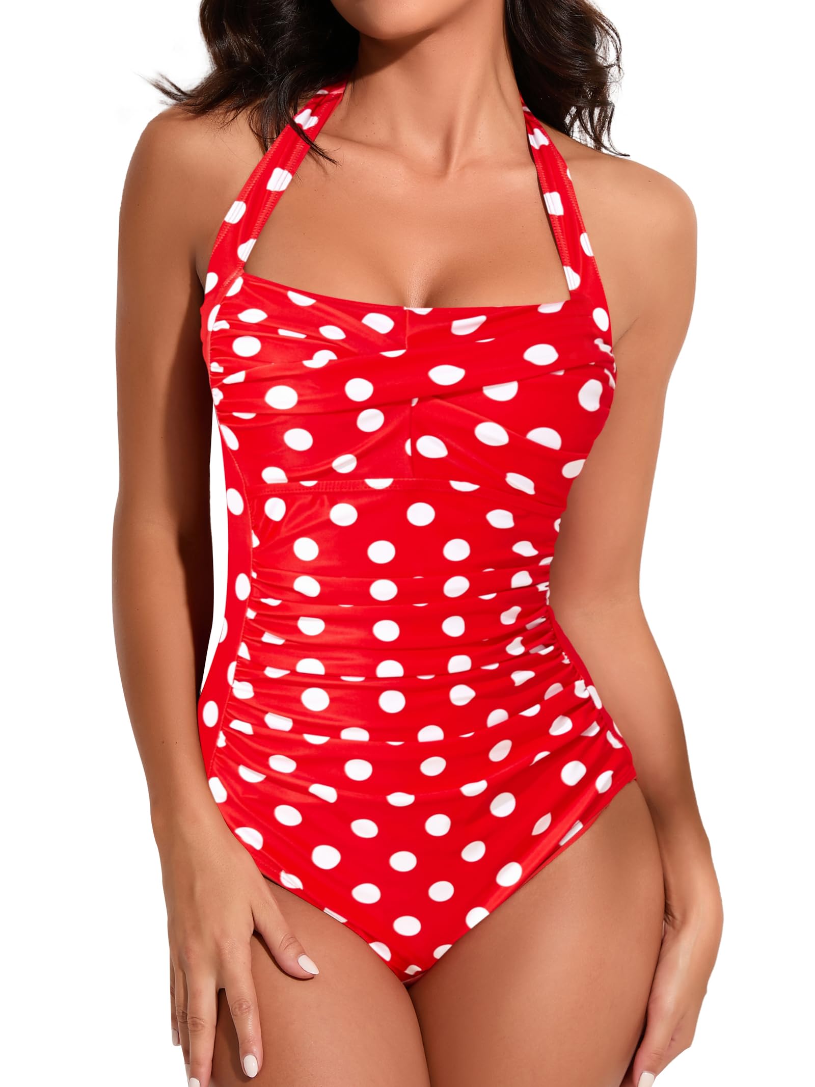 Smismivo Tummy Control Swimwear Halter One Piece Slimming Vintage Retro Swimsuit Womens Ruched Push Up Bathing Suit — view 36