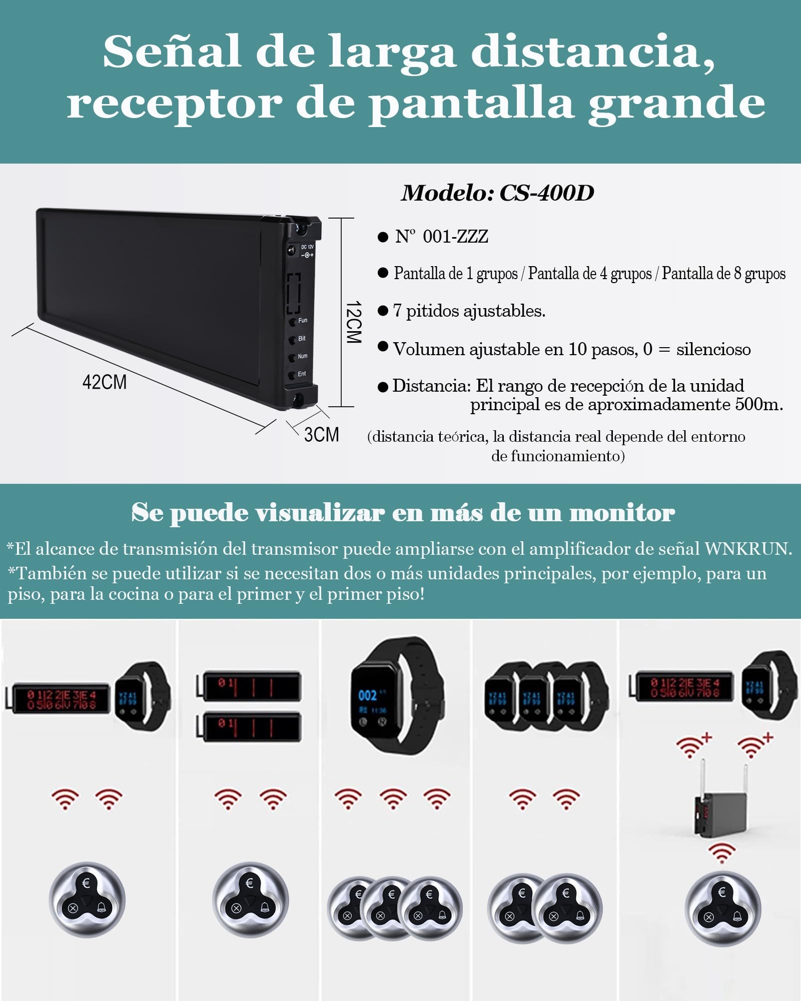 CS-400D Sistema De Localización Inalámbrico Para Restaurante, Bar, Cafetería - 1 Pantalla De Llamada, 16 Botones, 2 Receptores De Pulsera