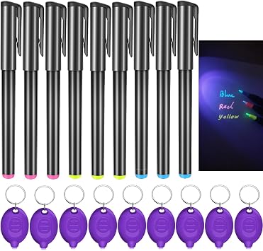Invisible Ink Pen, Spy Pen with 9 PCS Mini UV LED Keychain Flashlight, Disappearing Ink Magic Pens with Black Light Markers for Secret Notes, Fit for Christmas Halloween Holiday Gifts 9 PCS
