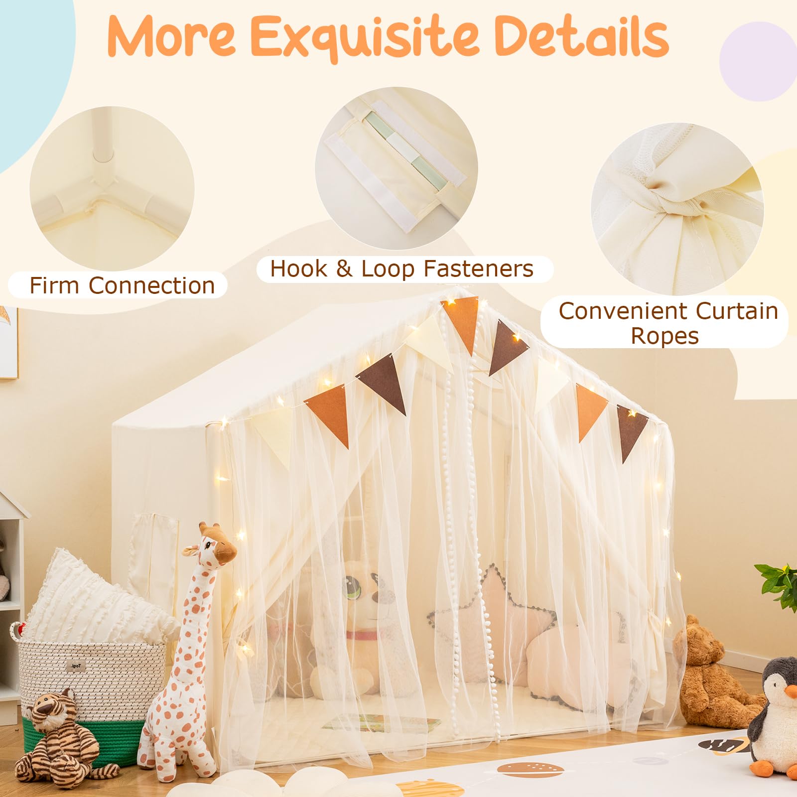 GLACER Kids Tent, Indoor Playhouse with Double-Layer Fabric & Mesh Curtains, Star Lights, Plaid Pennants, Breathable Windows & Washable Cotton Mat, Toddler Playhouse for Boys Girls Age 3+ (Beige)