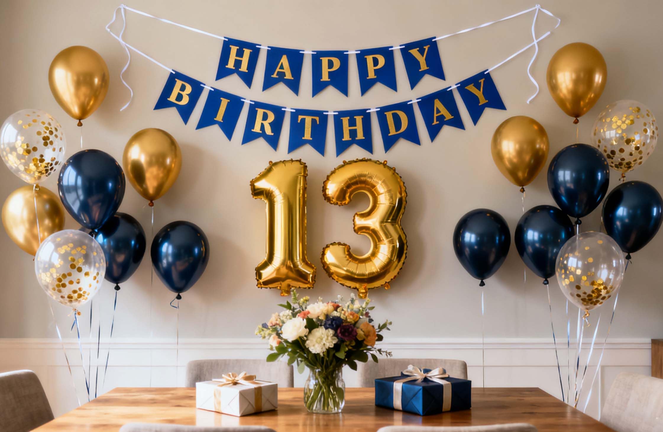 13th Birthday Decorations for Boys, Birthday Banner Number 13 Balloons Metallic Navy Blue Gold Confetti Latex Balloon for Boys Him Son ‘OMG U’re a