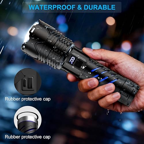 Miniatura 6 de Karrong Linterna recargable, linterna de haz largo de alto lúmenes, linterna potente súper brillante, 5 modos, zoomable, impermeable, luz táctica