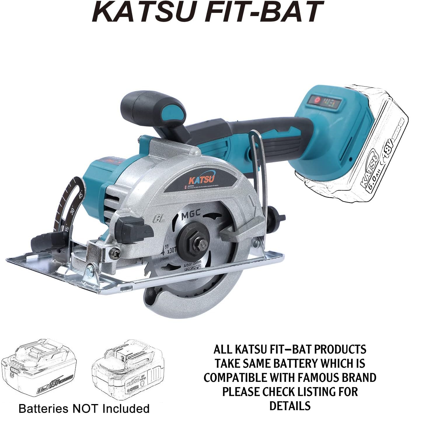 KATSU FIT-BAT Sierra Circular Inalámbrica Brushless 21V 5" 125mm Motor sin Escobillas con Hoja 30 T y Mango Largo Portátil para Azulejos, Metal Blandoy Madera, sin Batería