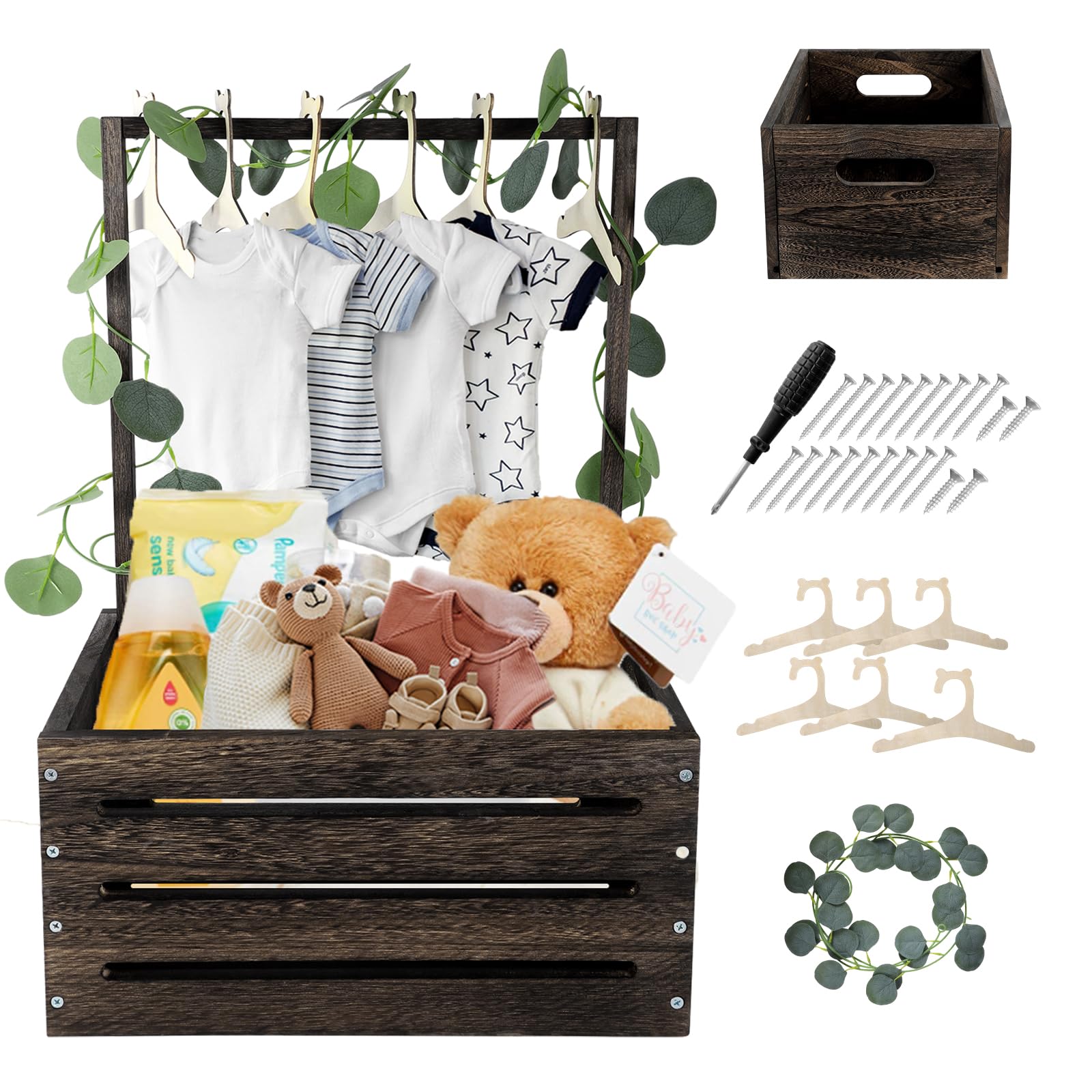 Wooden Baby Gift Basket with Handle，Kids Clothes Hanger and Garland，Baby Storage Basket，Baby Shower Crate Wardrobe，Personalized Baby Basket for Pregnant New Parents.Gift Basket-Walnut wood-UK-image-5
