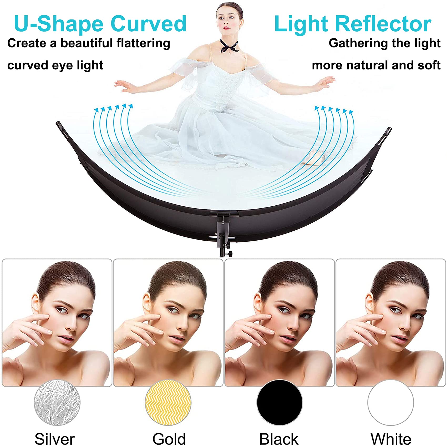 Selens 4 in 1 Reflektor 60x180cm U Form Gebogener Reflektoren Einstellbarer Beleuchtungs Diffusor mit Schwarz/Weiß/Gold/Silber Reflectors Tragetasche für Fotografie Fotostudio Porträt Catch Light