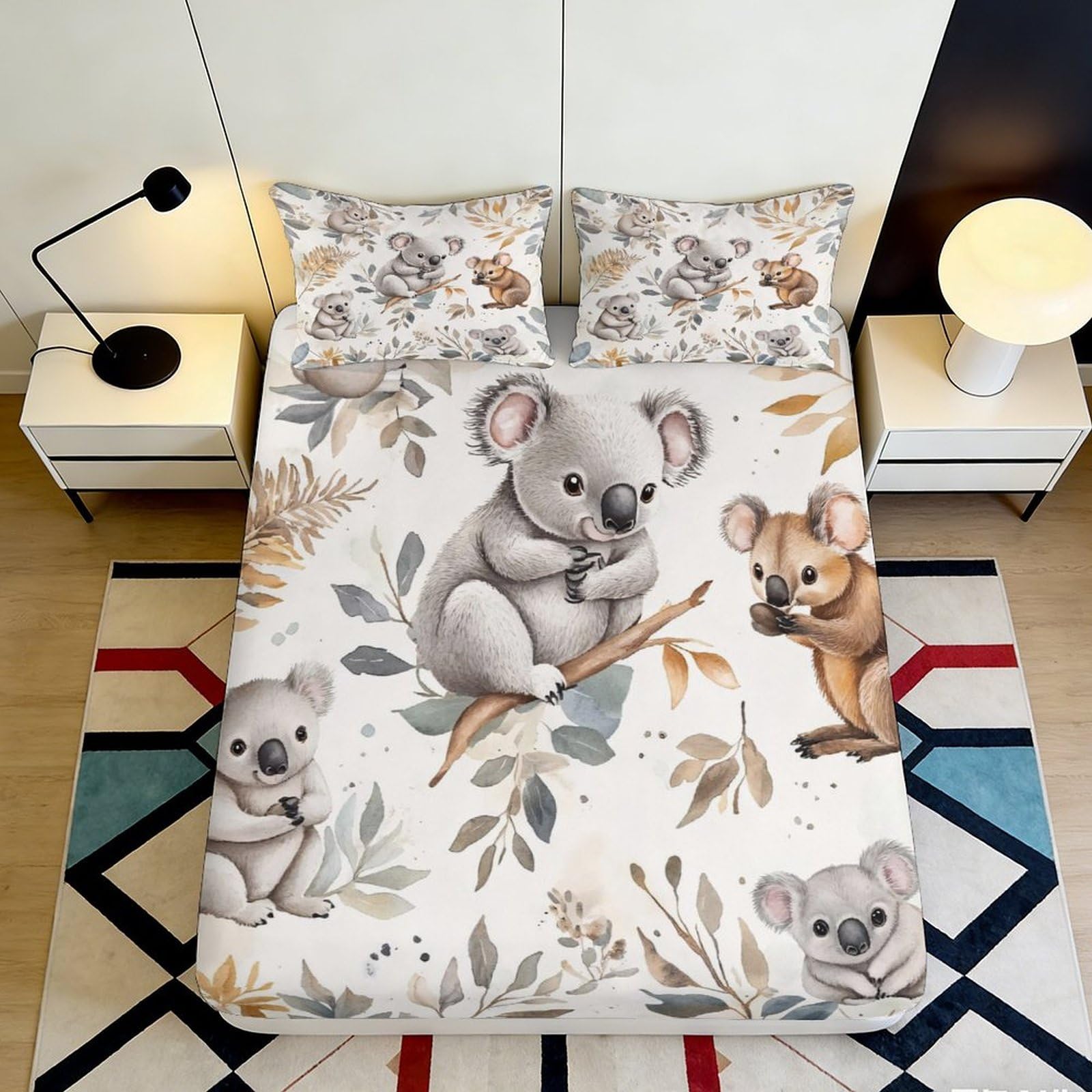 3D Printed Koala Animal Fitted Sheet Microfiber Soft Breathable Cute Wildlife Mattress Cover for Bedroom Dormitory Guest Room Protection Decor 140x200x25cm