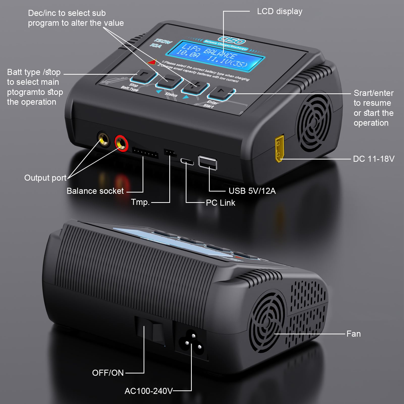 Haisito Cargador de Balance Descargador 150W 10A AC/DC Multifuncional para NiCd Li-Ion Life NiMH LiHV PB Batería Inteligente