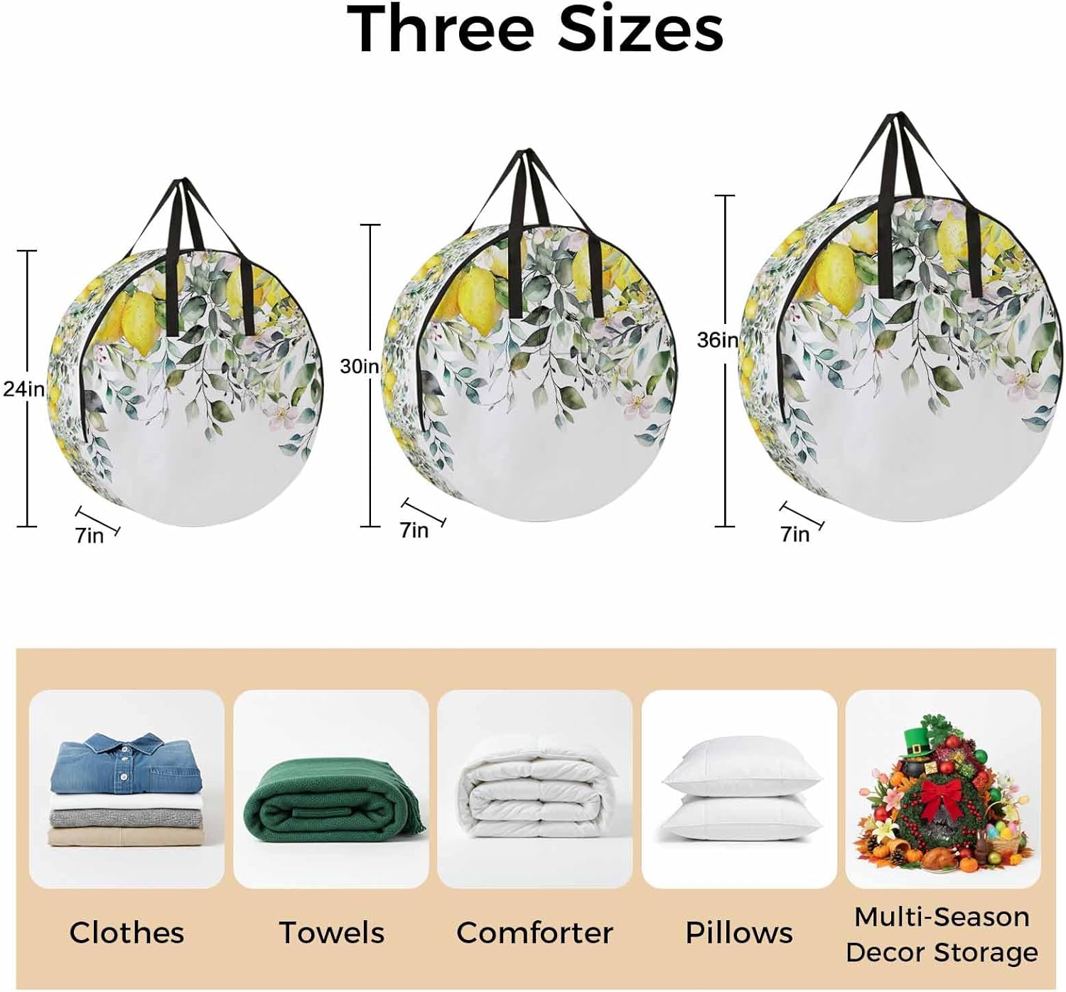 Rustic Floral Plant Round Storage Bag 36 Inch, Green Eucalyptus Leaves Sage Lemon White Clothes Storage Container with Handles Heavy Duty Organizer for Comforter, Bedding & Holiday Wreaths