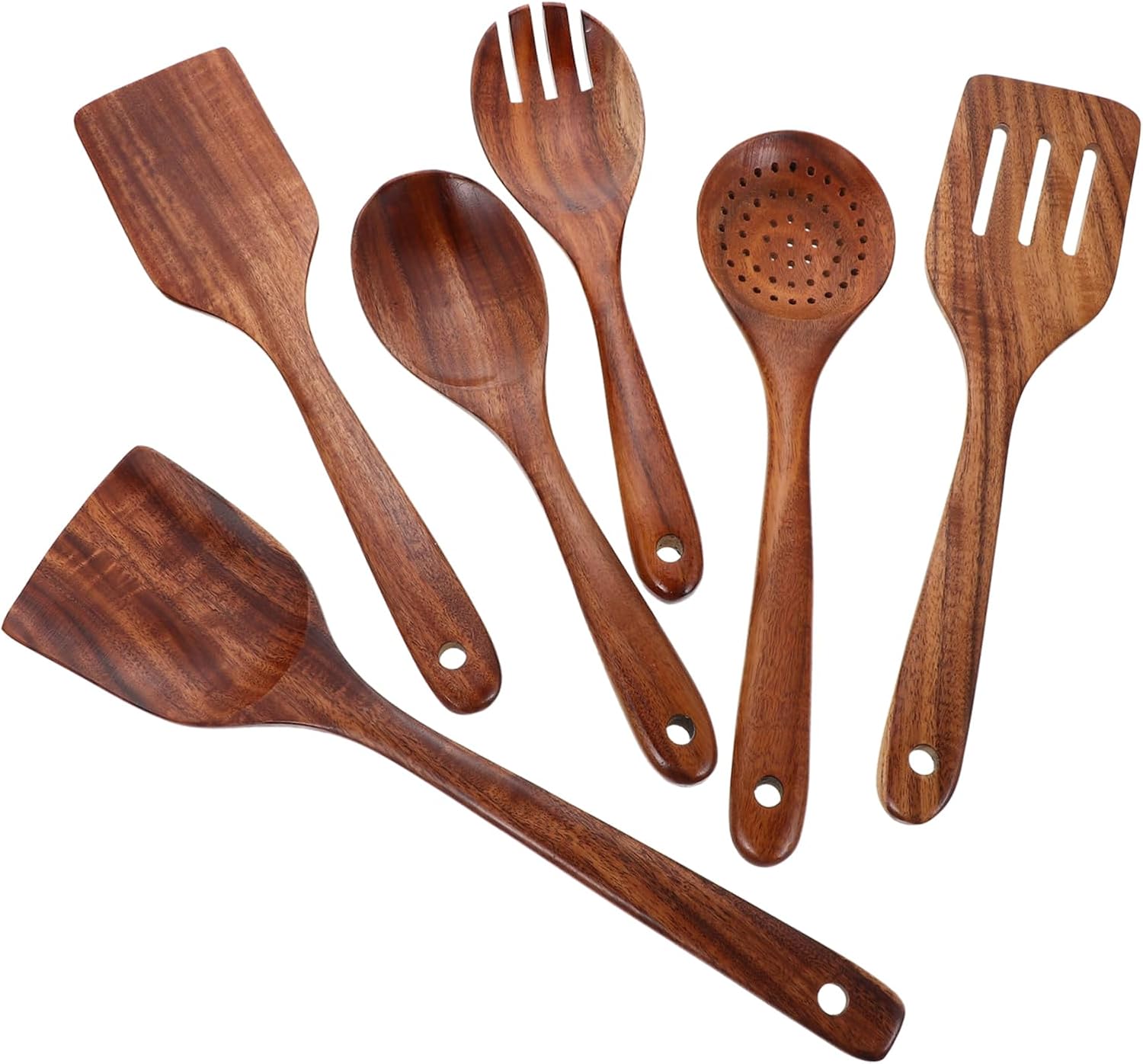 PRETYZOOM Teak Wood Kitchen Utensils Heat Resistant Non Stick Wooden Spoons Wok Spatula Cooking Tools Ergonomic Handle for Home Restaurant Culinary Use