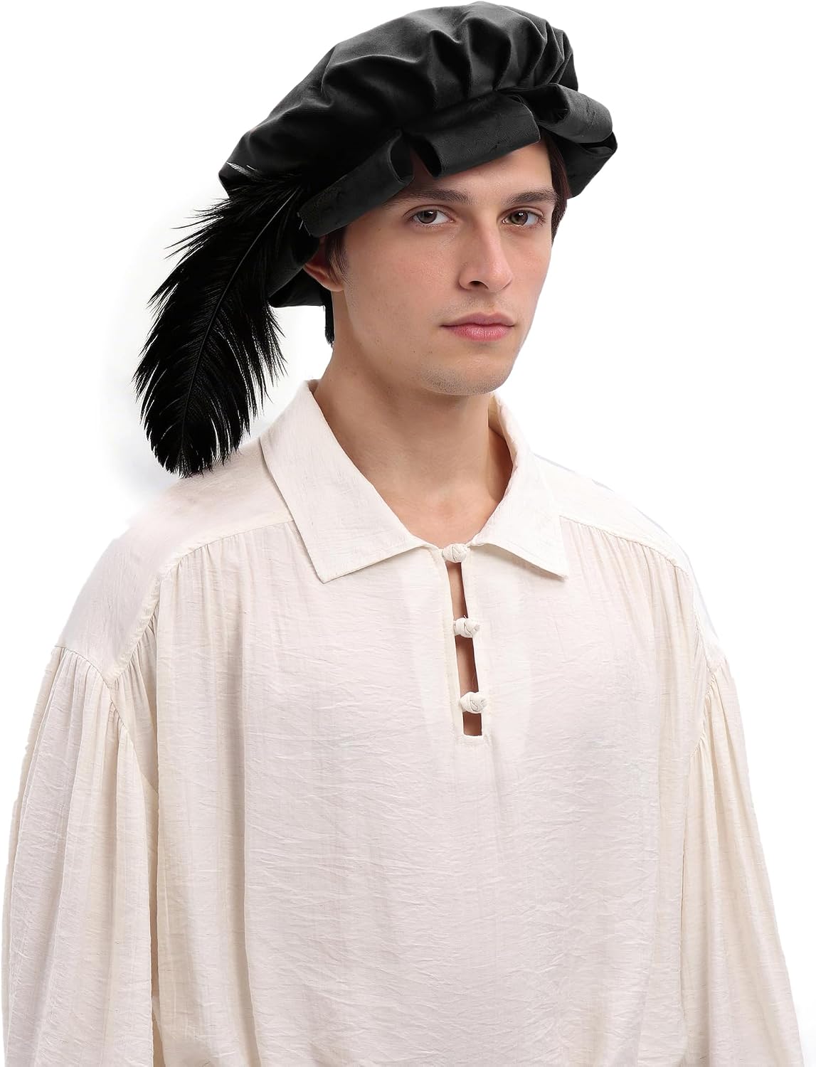 Medieval Split Brim Beret Cap Renaissance Tudor Hat with Feather Fantasy Costume Accessories for Men Women
