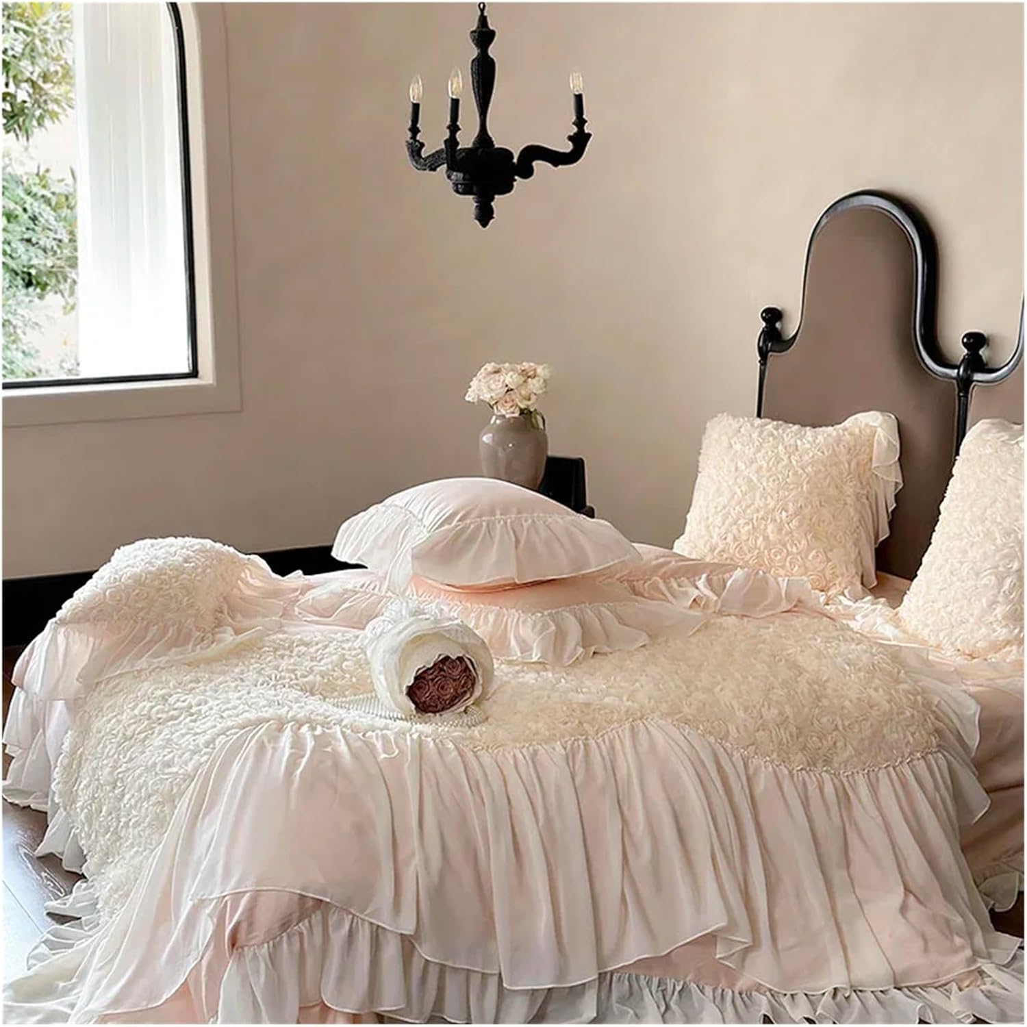 Three-Dimensional Rose Lace Ruffles Patchwork 100S Egyptian Cotton Duvet Cover Bed Sheet Pillowcase Princess Wedding Bedding Set,Bed