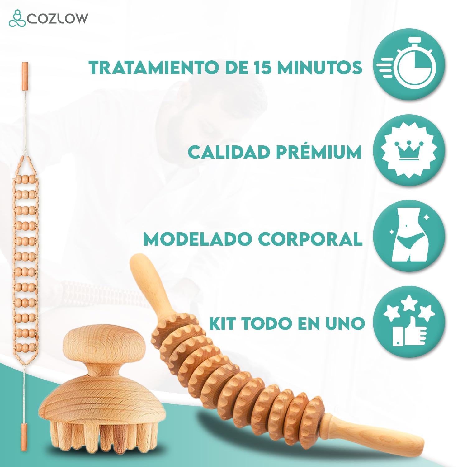 Herramientas de masaje de terapia de madera 6 en 1 - Kit profesional de Maderoterapia para moldear y esculpir el cuerpo - Rodillo de masaje de drenaje linfático - por Cozlow