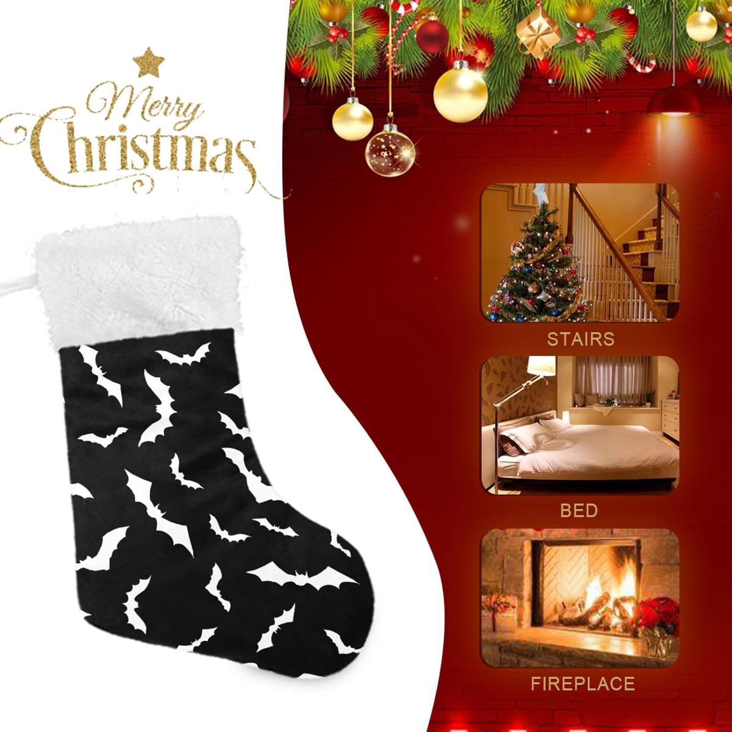Mint Green Bat Silhouette Christmas Stocking with Plush Cuff