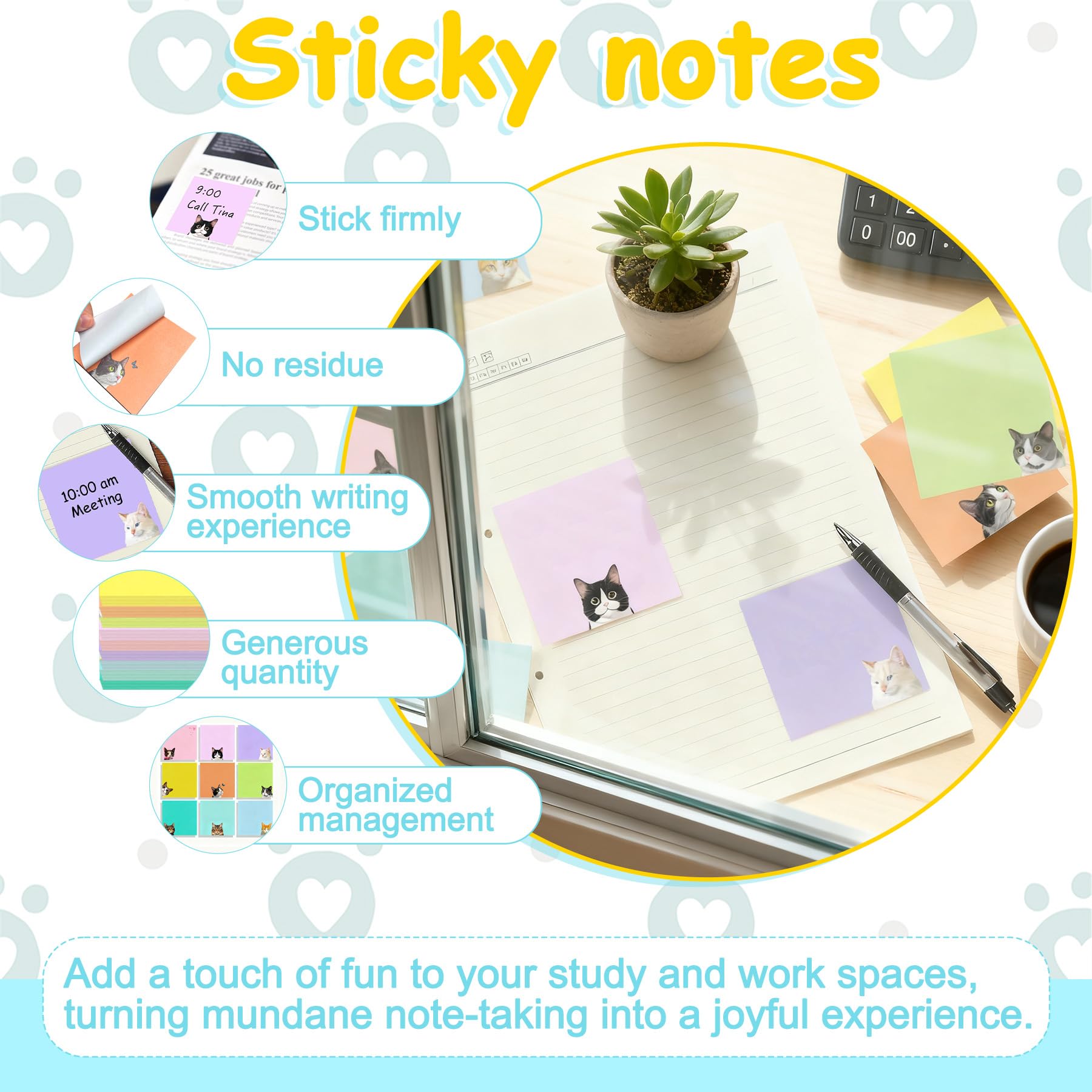 YeahBoom 450 Sheets Sticky Notes for Small Cats Kawaii Notes, Colourful Animal Sticky Notes, Cute Super Sticky Notes, for Office Pages, Study 76 x 76 mm - Image 3