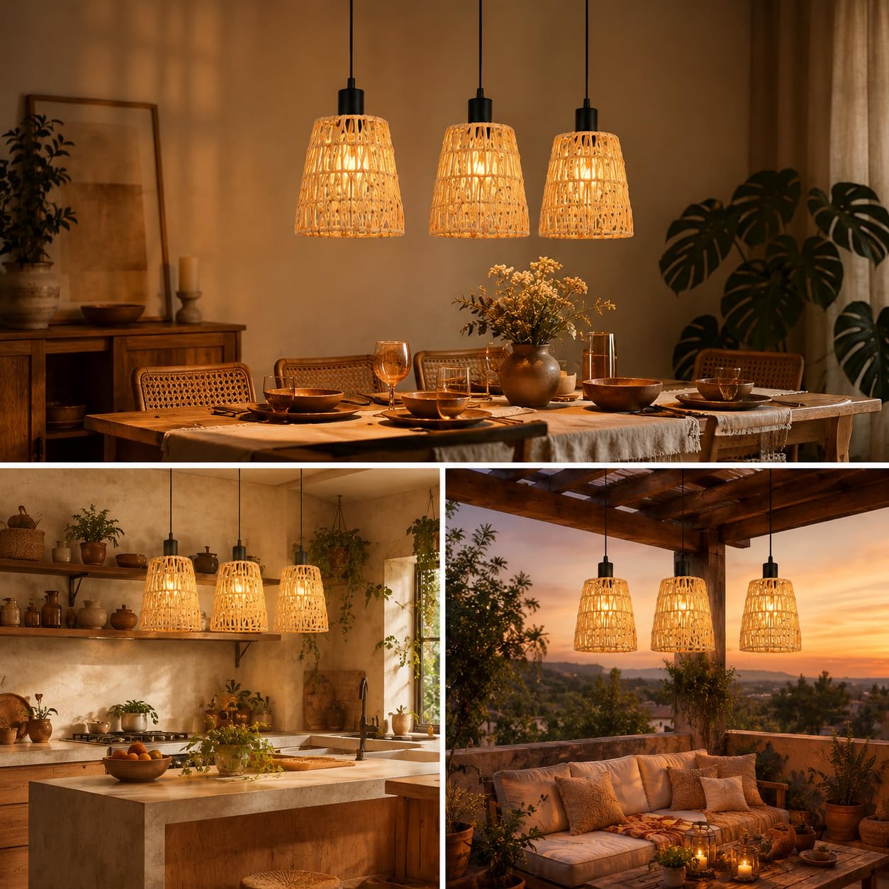 Hängelampe Boho Pendelleuchte Rattan - 3 Flammig Esstischlampe | Vintage Geflochten Hängeleuchte Esstisch Papierseil Lampenschirm mit E27 Retro für Esszimmer Schlafzimmer/Ohne Leuchtmittel