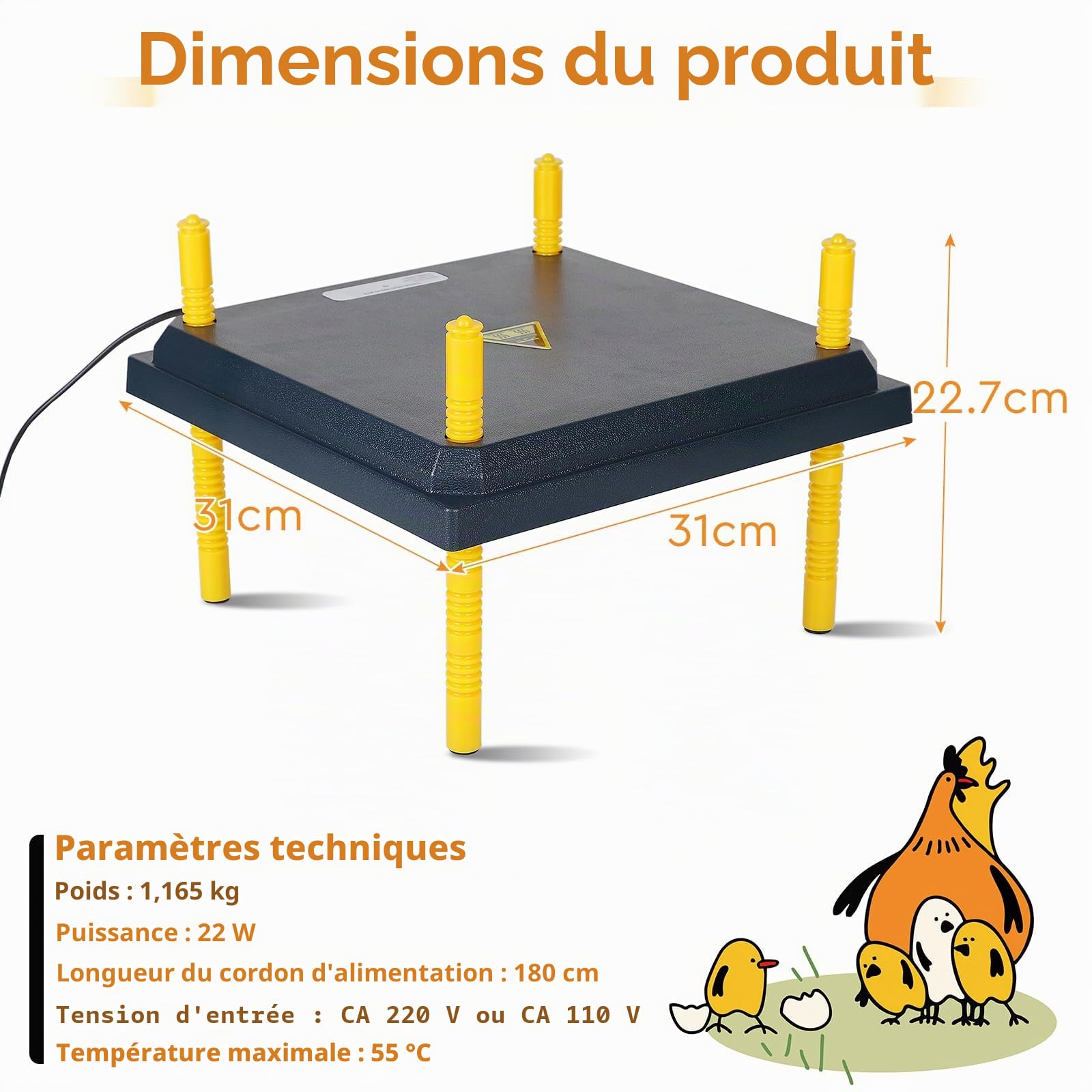 EFUTURETIME Plaque Chauffante pour Poussins 22 W, Panneau Chauffant Poussin 31 x 31 cm, Chick Heating Plate Hauteur Réglable