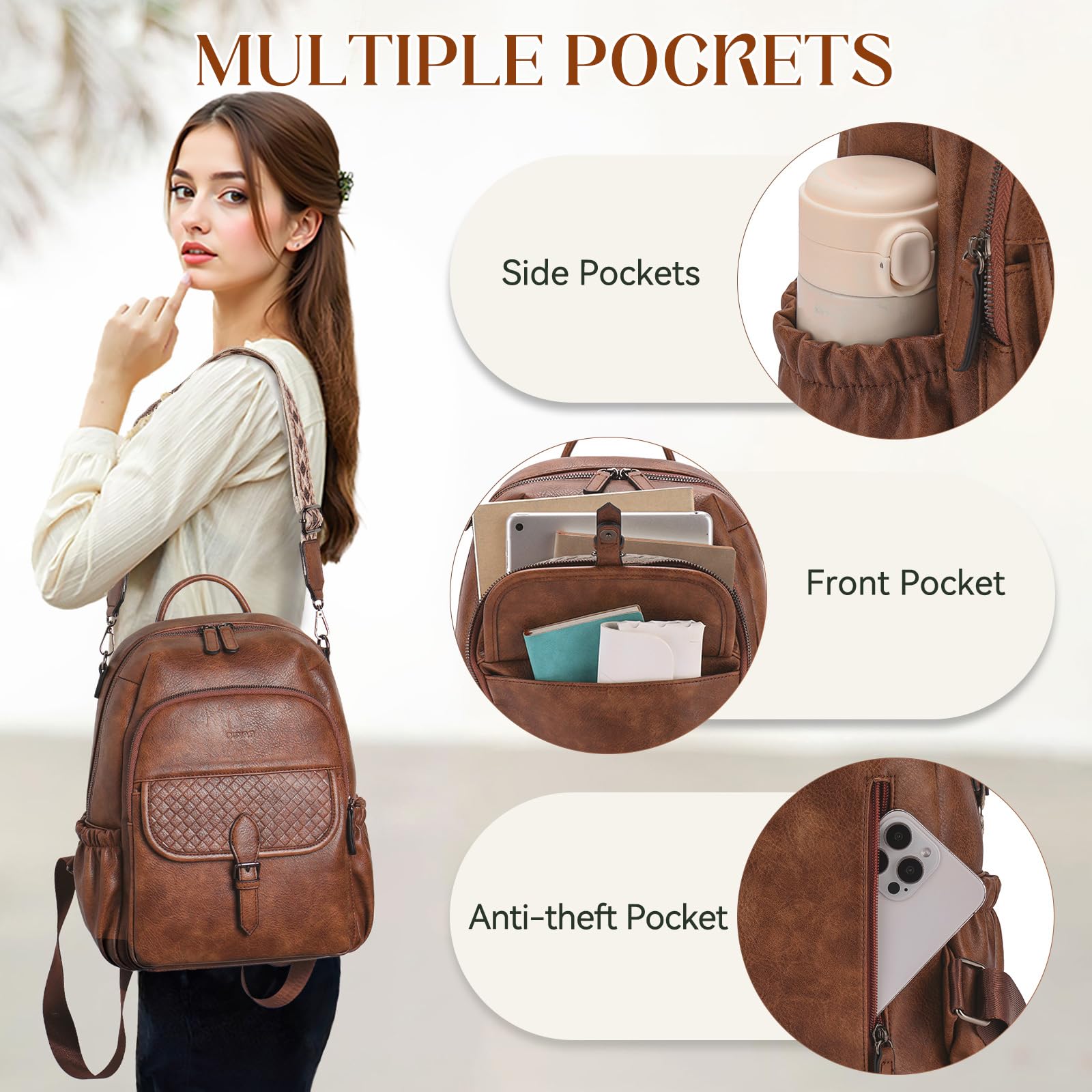 RAVUO Mochila Mujer,Bolso Mochilas de Cuero PU Impermeable Casual Mochila Casual Bolso de Bandolera Piel para Escuela Viaje Compras,Marrón