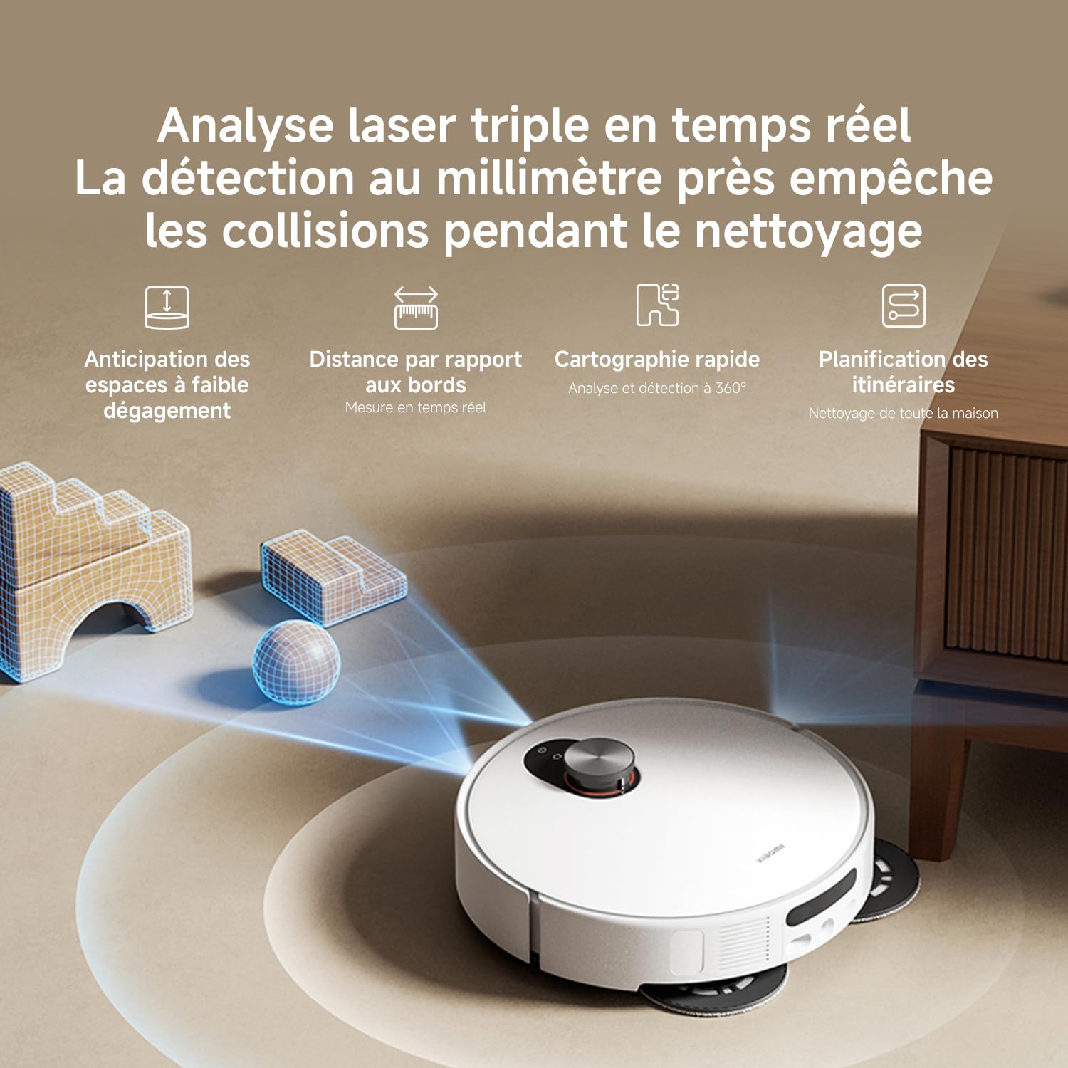 XIAOMI Robot Vacuum 5, Aspiration 20 000 Pa, AutoNettoyage à Eau Chaude 80 °C, Bras Doubles pour Coins, Navigation Laser dToF, Serpillère rétractable, Système Anti-emmêlement.