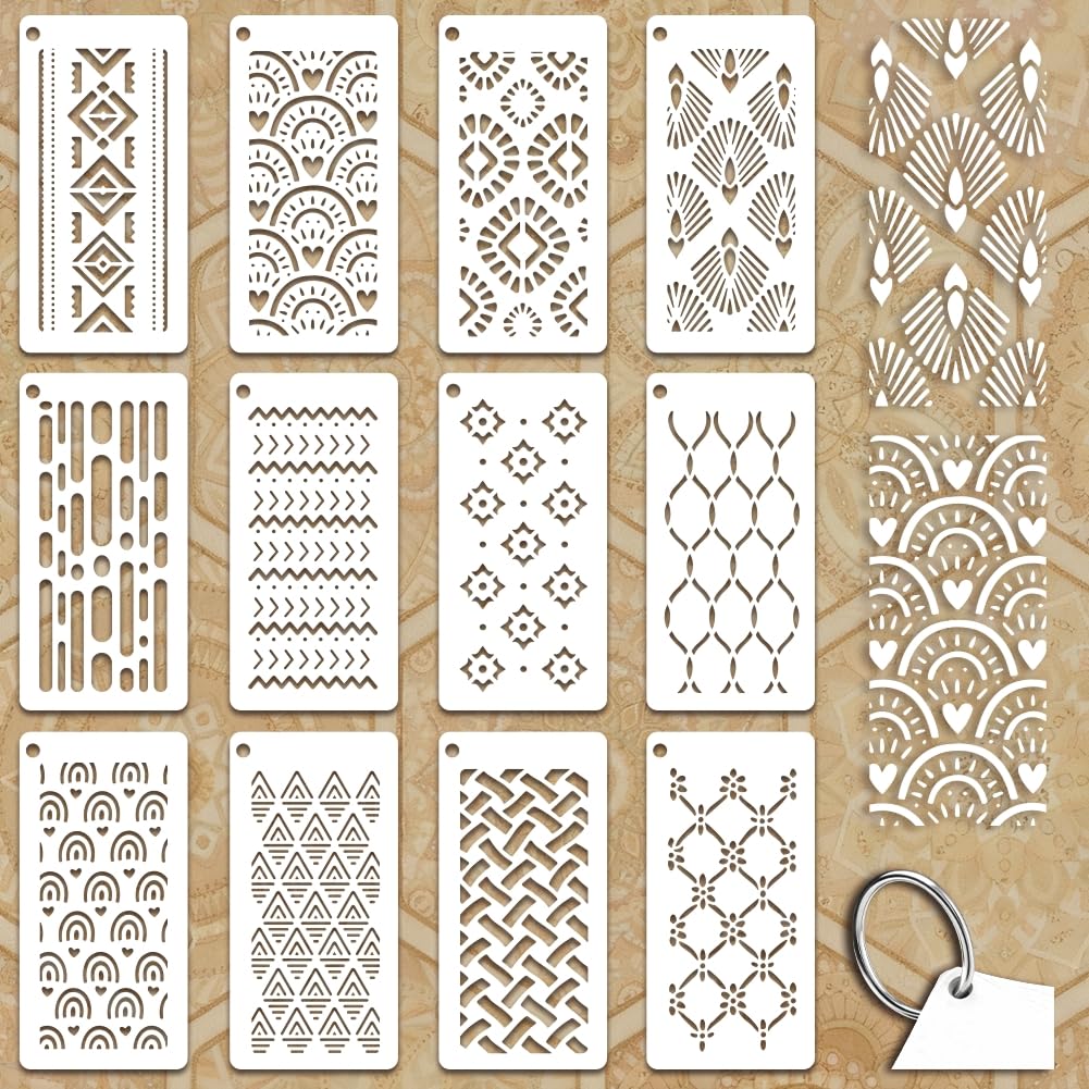 GOMAKERER 12 Sheets Boho Style Stencils for Painting, 12 Styles Heart Wave Dot Fan Geometric Pattern Drawing Templates Plastic Art Templates for Painting on Wall Wood Home Decor โ image 1