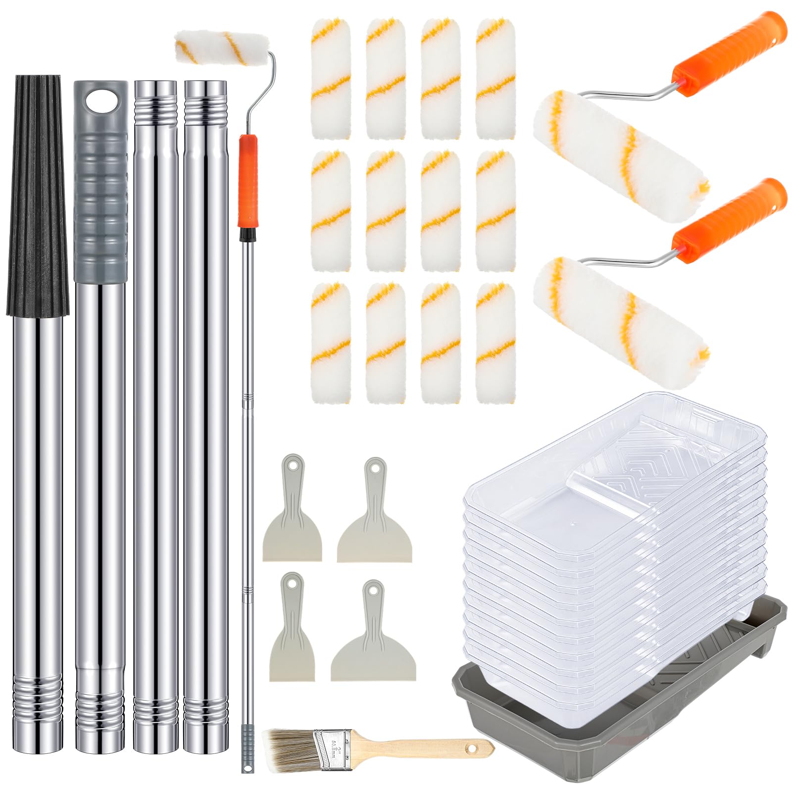 Qilery Kit di 31 rulli per pittura con asta di estensione, include rulli da 10,2 cm e vassoio porta pennelli con fodere usa e getta, coltelli per la pulizia dei pennelli angolati per forniture per la