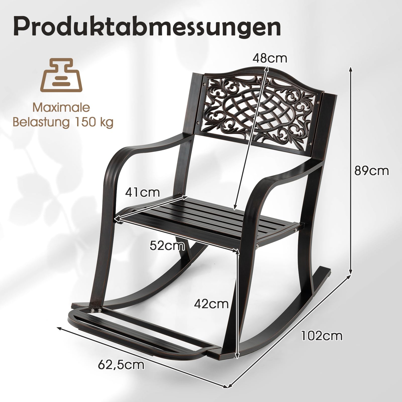 COSTWAY Schaukelstuhl mit Fußstütze, Schaukelsessel aus Aluminiumguss, Relaxstuhl, Schwingsessel, Gartenstuhl für Garten, Terrasse, Balkon