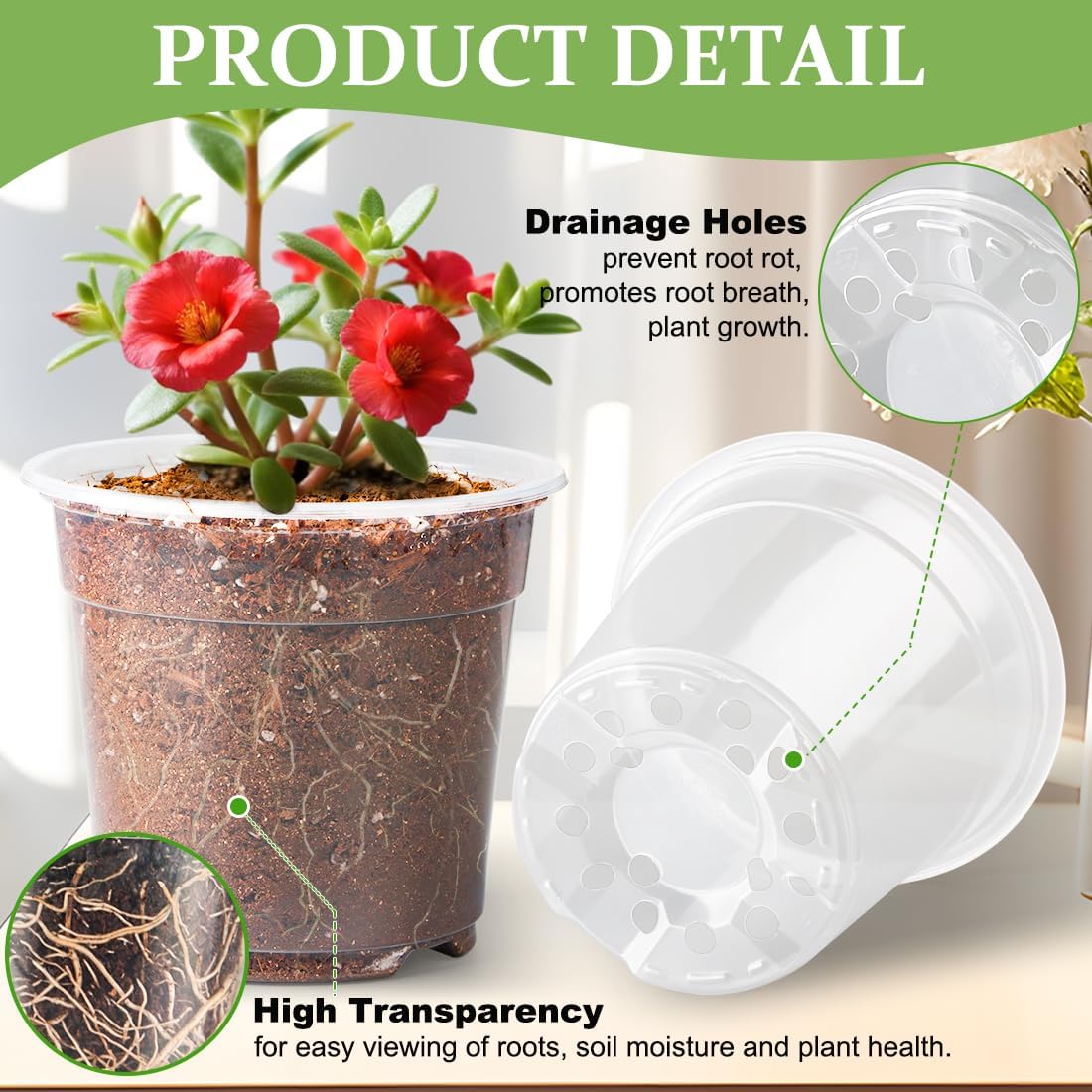 60 Pack 6 Inch Clear Nursery Pots for Plants, Flexible Plastic Plant Pots with Drainage Holes, Transparent Plant Starter Pots for Seedlings, Vegetable, Succulents, Flowers