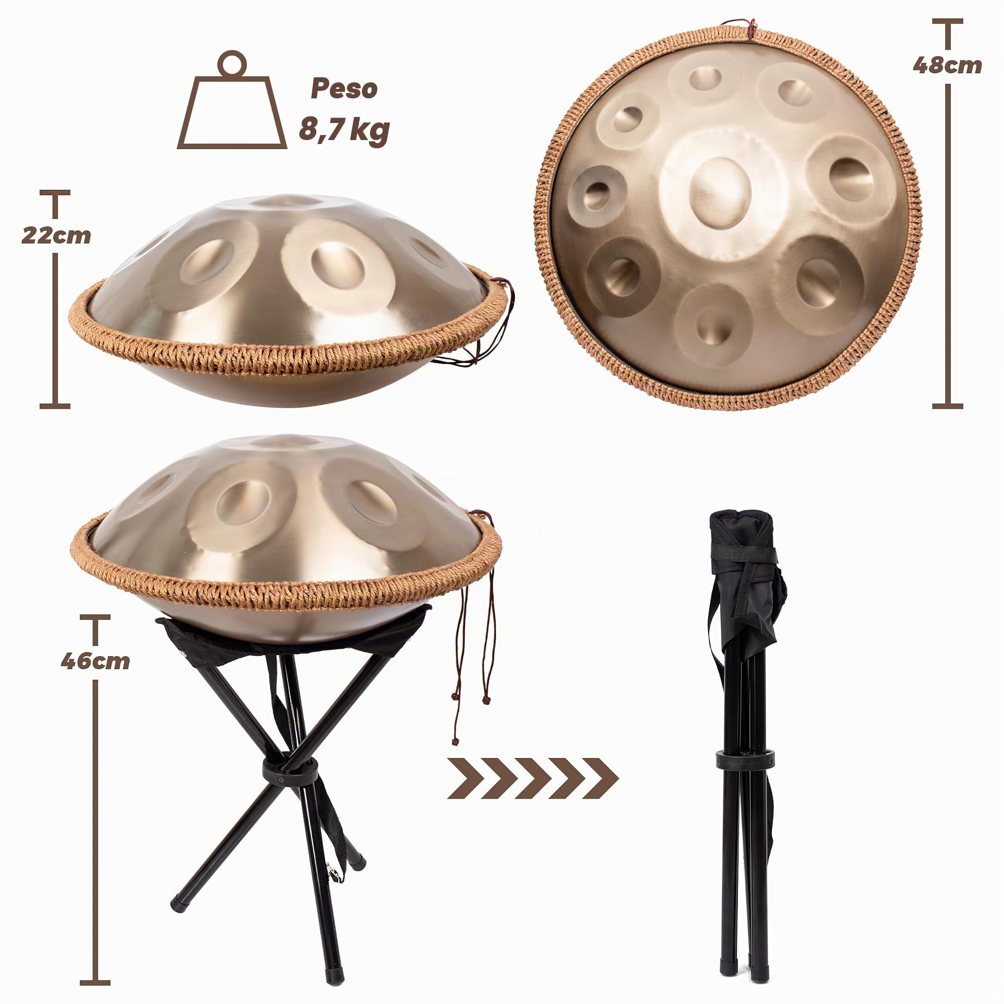 Handpan, Steel Drum, Hand Pan, Tamburo in Acciaio, Oro Metallicoento | 18 Pollici 46cm 9 Note G Minore Principiante Handpan Drum per Meditazione e Yoga, Tamburo a Mano con Borsa e Supporto