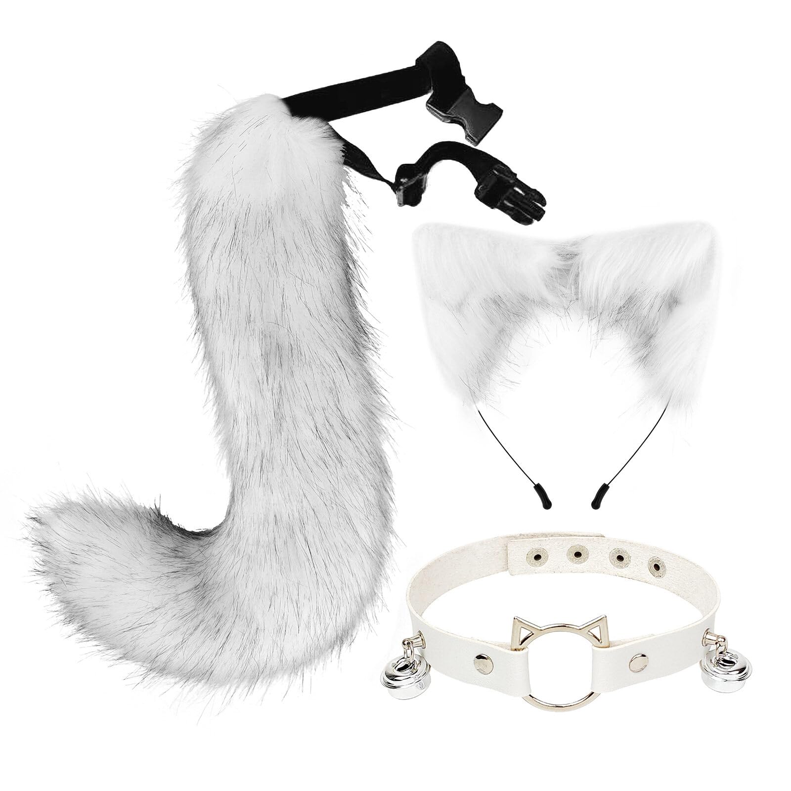 Uposao Tail and Ears Set Long Fox Tail Cosplay Faux Fur Furry Fox Wolf Tail Kit with Ears and Bells Collar for Anime Fancy Dress Party Halloween Christmas Dress Up Carnival Role Play