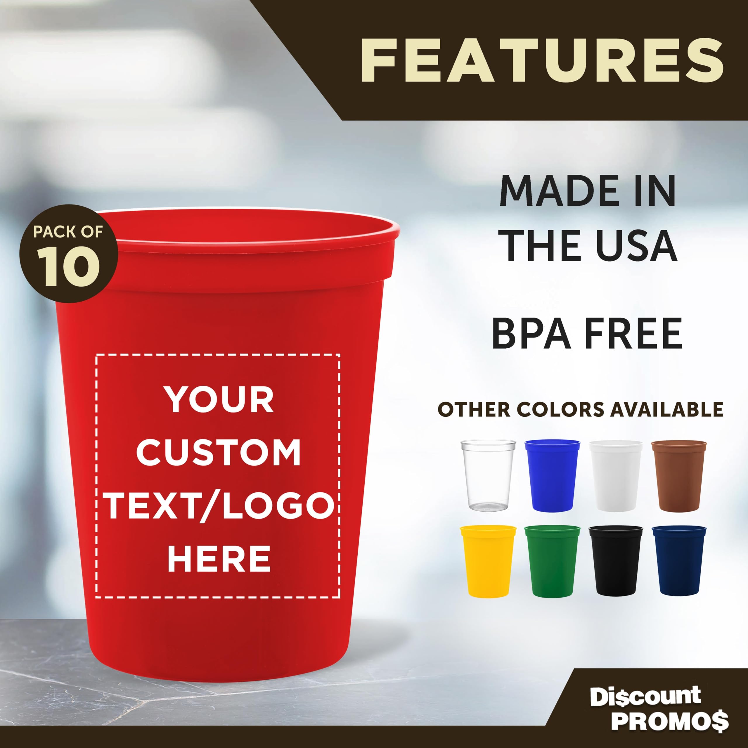 DISCOUNT PROMOS Custom Plastic Stadium Cups 16 oz. Set of 10, Personalized Bulk Pack - Perfect for Birthdays, Weddings, Picnic, Beach, Parties - Red