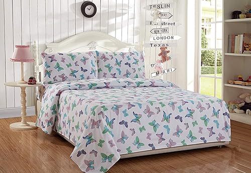 Miniatura 2 de Linen Plus Juego de sábanas para niñasadolescentesadultos, mariposas, morado, blanco, verde, turquesa, rosa, mariposa, sábana encimera, sábana