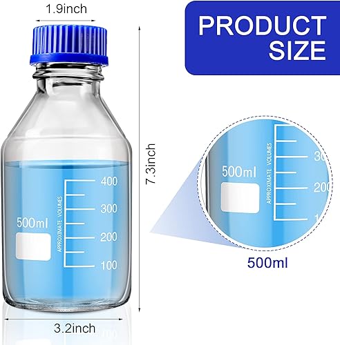 Miniatura 2 de Patelai 4 botellas redondas de vidrio para almacenamiento de medios, botellas de vidrio de borosilicato con tapa de rosca azul GL45 para líquidos