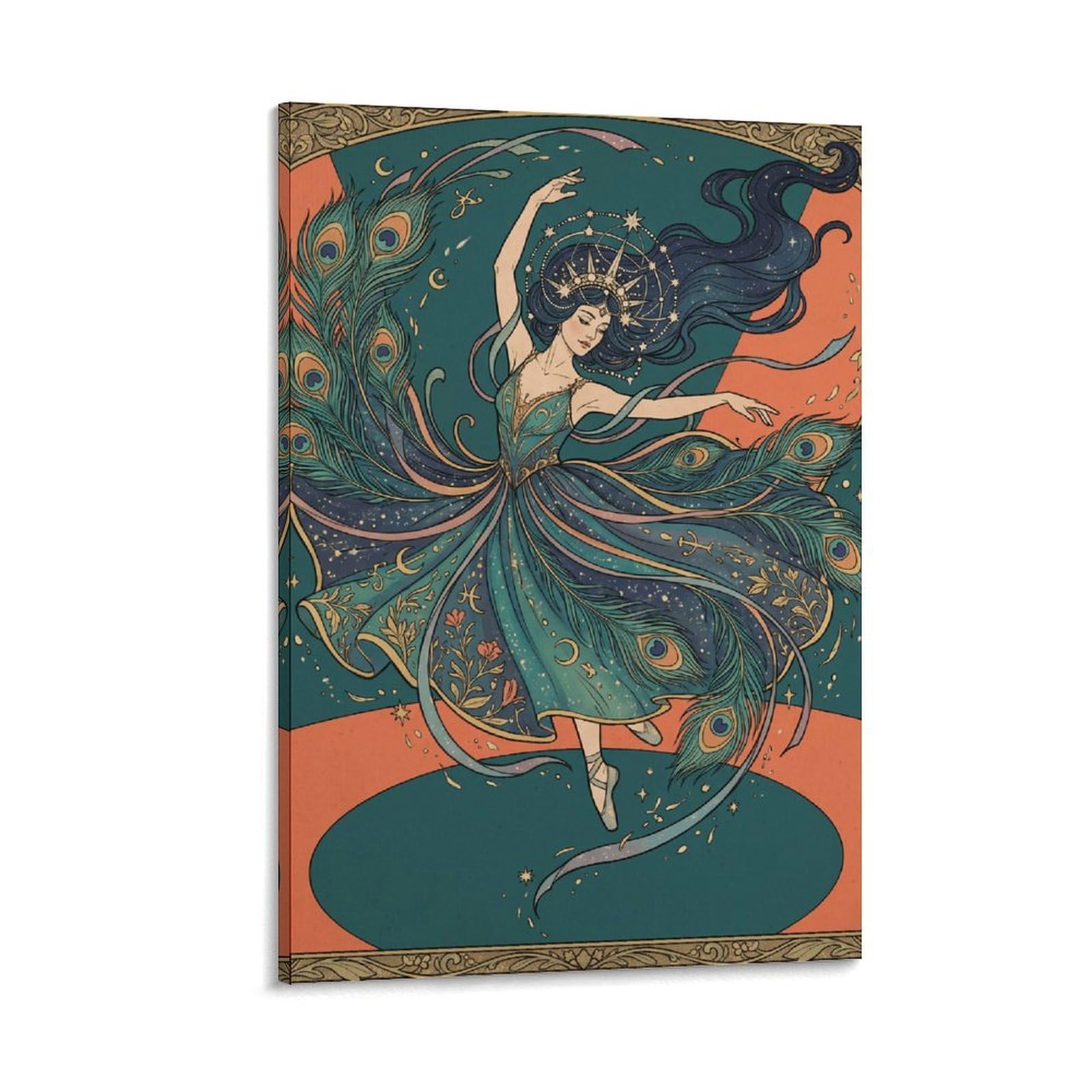 W7C8U2X3 Peacock Dancer Art Nouveau Canvas Wall Art, Decorative Bird