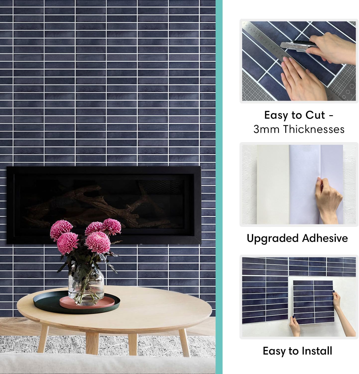 Commomy 10 Pcs Matte Navy Blue Peel and Stick Tile -11.8"X11.8" Ultralight PVC Wall Tile Vertical 3D Stick on Backsplash Tiles for Kitchen,Bathroom,Renters,Interior Decorative Wall Tiles