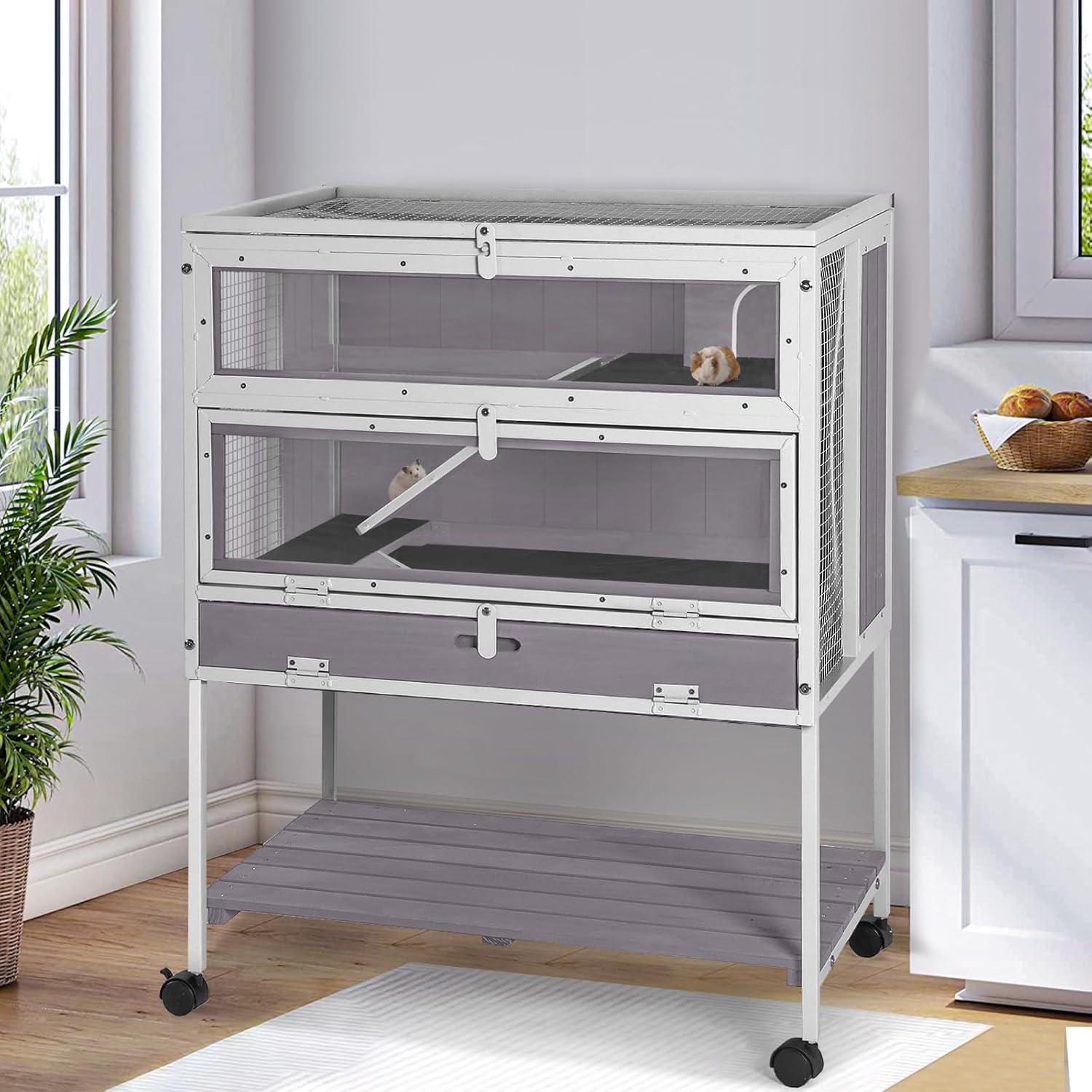 Large Wooden Guinea Pig Cage, Indoor Small Animal Habitat for Hamster, Rabbits, Chinchillas, Rats, Squirrels, Gerbils with Storage Shelf(Off White)