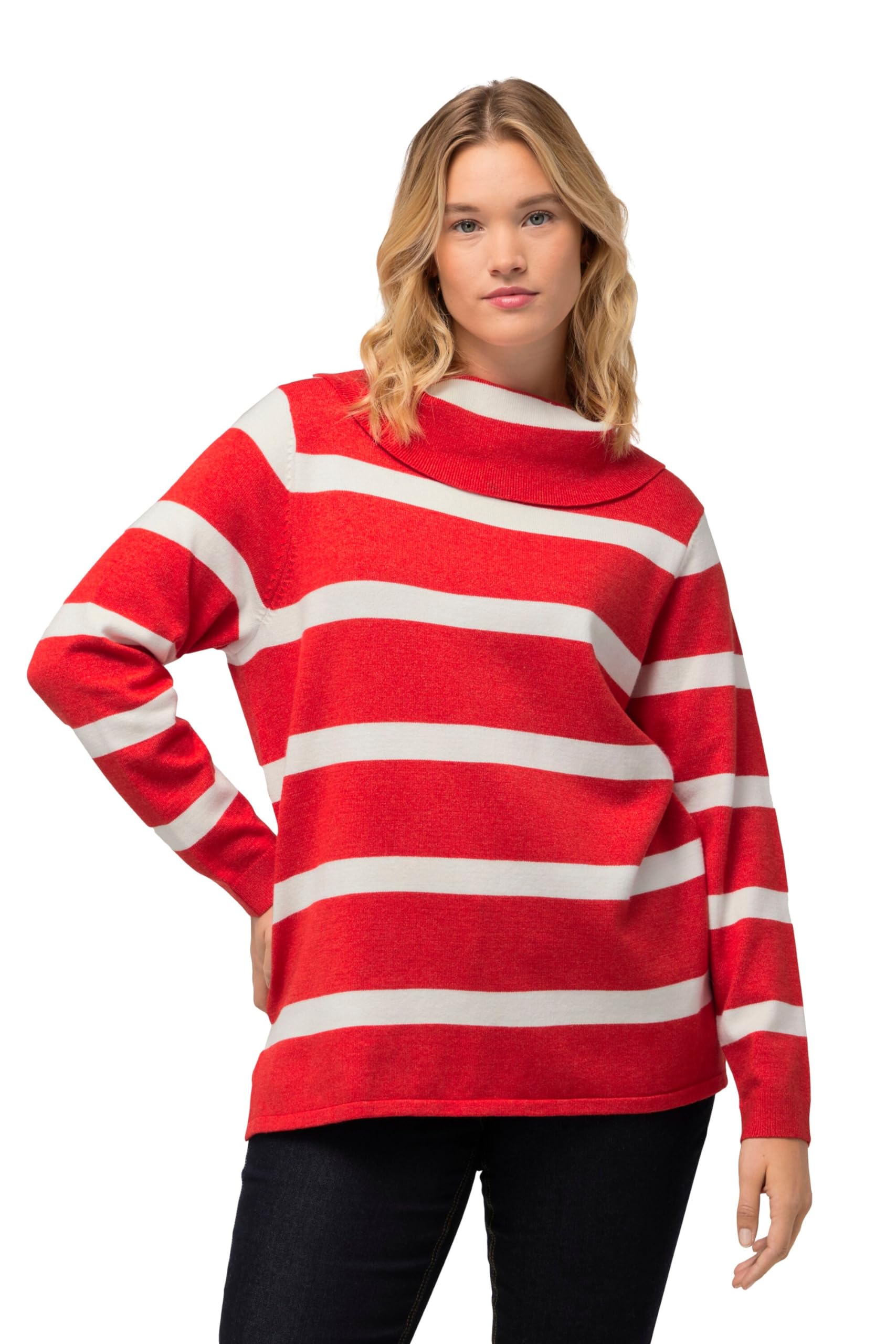 Ulla Popken Damen große Größen Übergrößen Plus Size Rollkragen-Pullover, Ringel, kurz, Langarm 811919