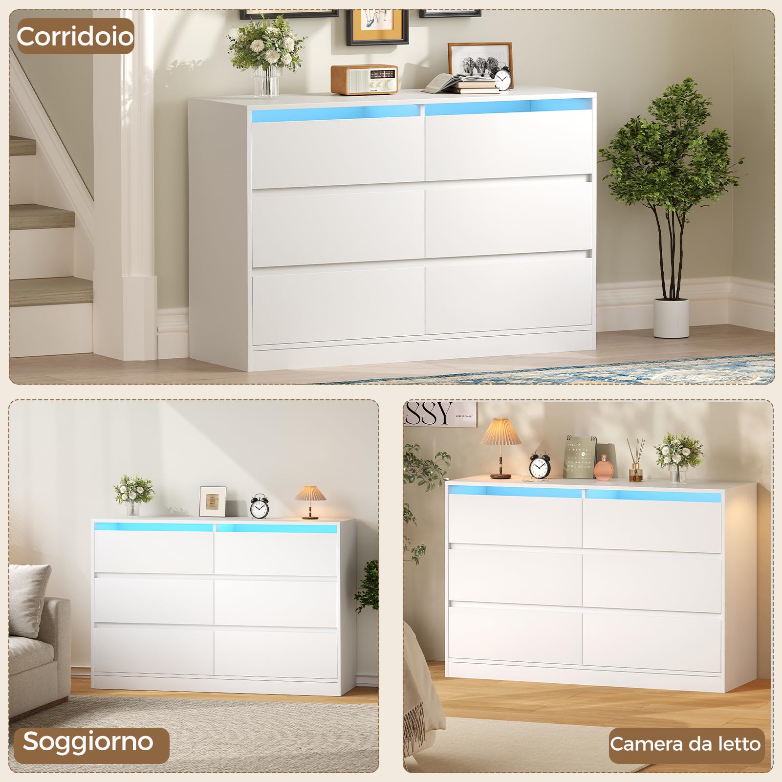 BEWISHOME Cassettiera Camera da Letto Moderna con 6 Cassetti e Luci a LED | Cassettiera Bianca,Salvaspazio,Mobile Camera da Letto per Soggiorno,Bagno e Ingresso,40 x 75 x 108 cm EKCG08W