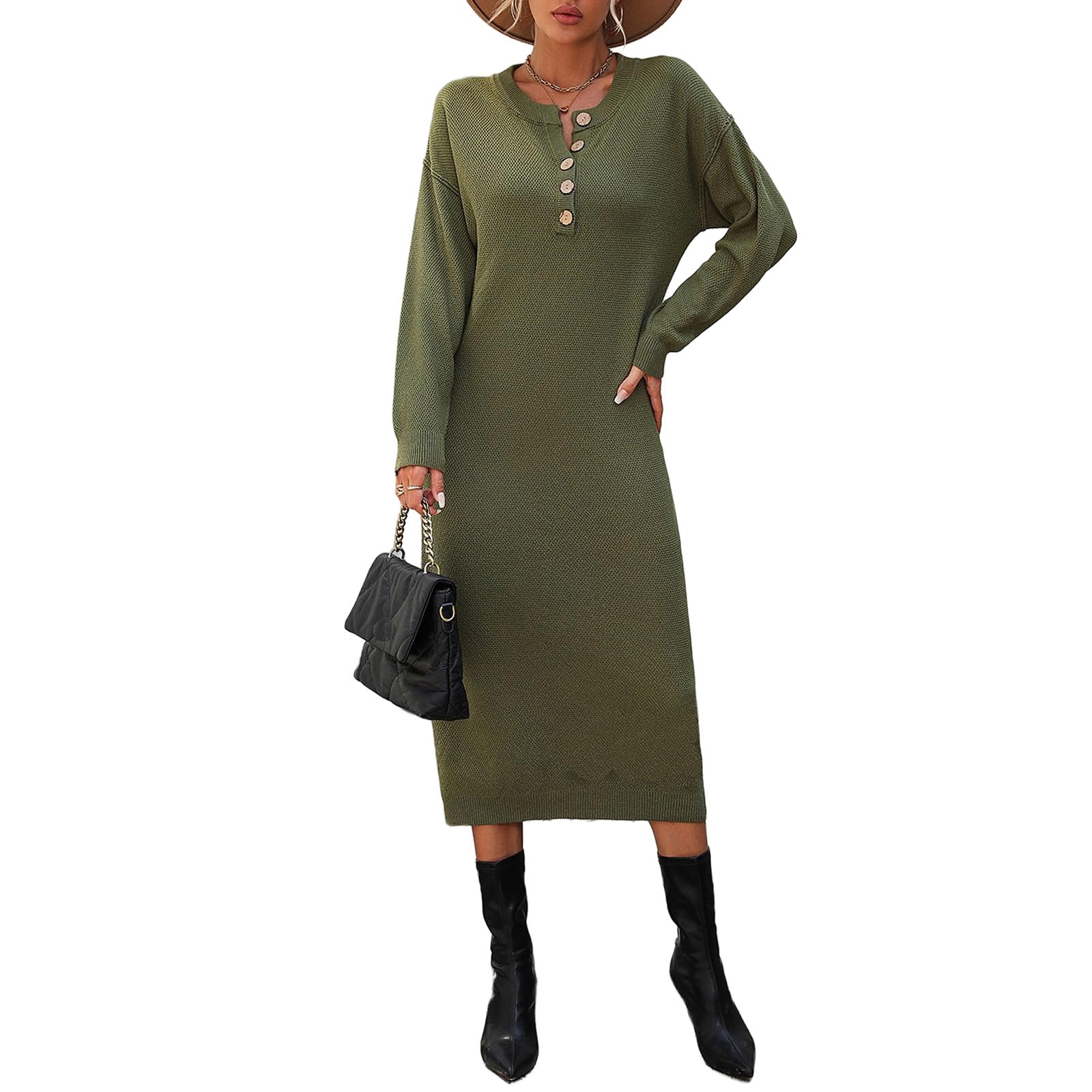 Midi Sweater Dress for Women Long Sleeve Button V Neck Fall Maxi Dress Casual Waffle Knit Slim Fit