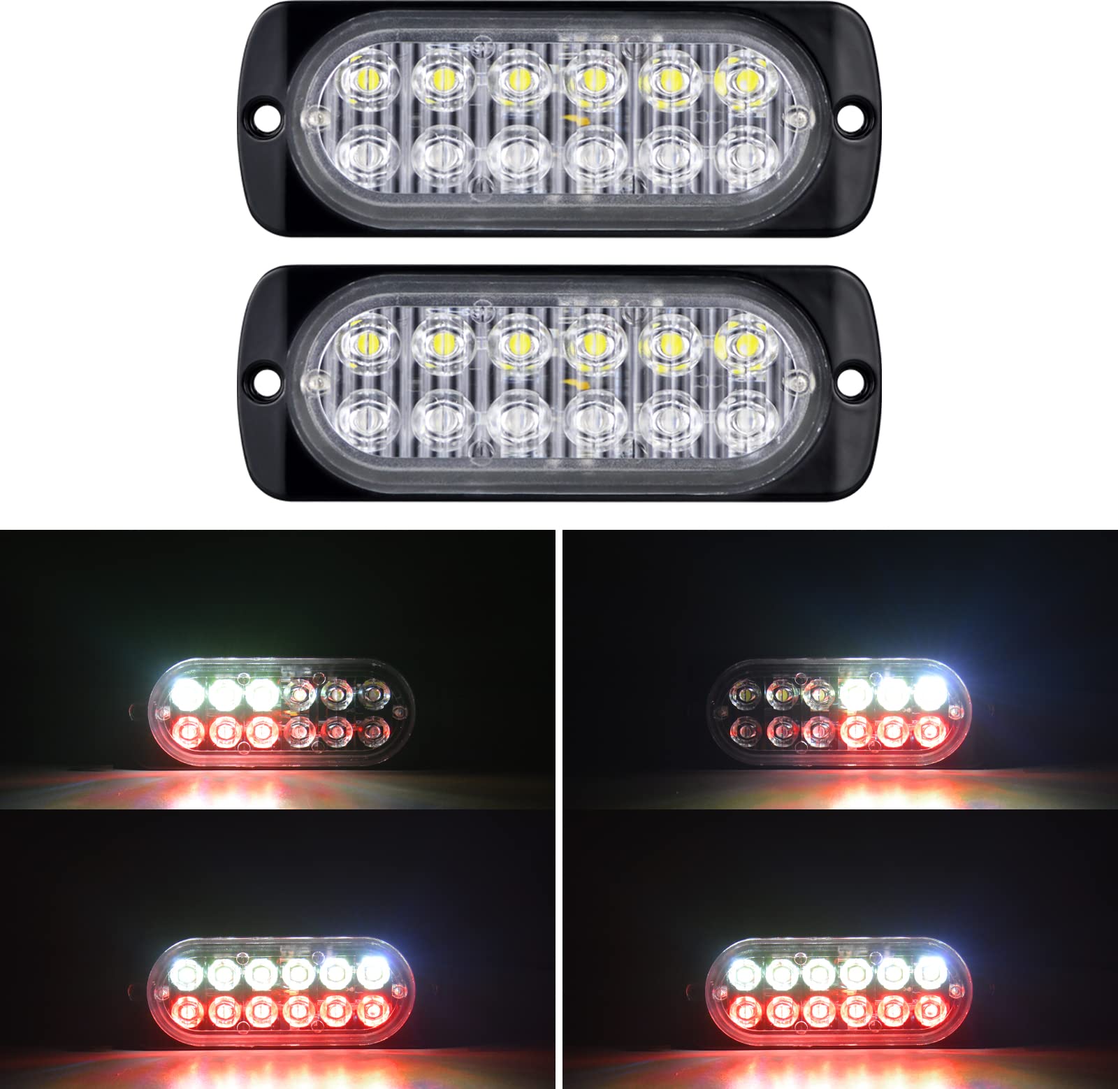 Willpower 2pcs 4.3 Inch LED Strobe Warning Lights, White + Red 12 LED Safety Emergency Flashing Light Construction Hazard Beacon LED Light Bar For Car
