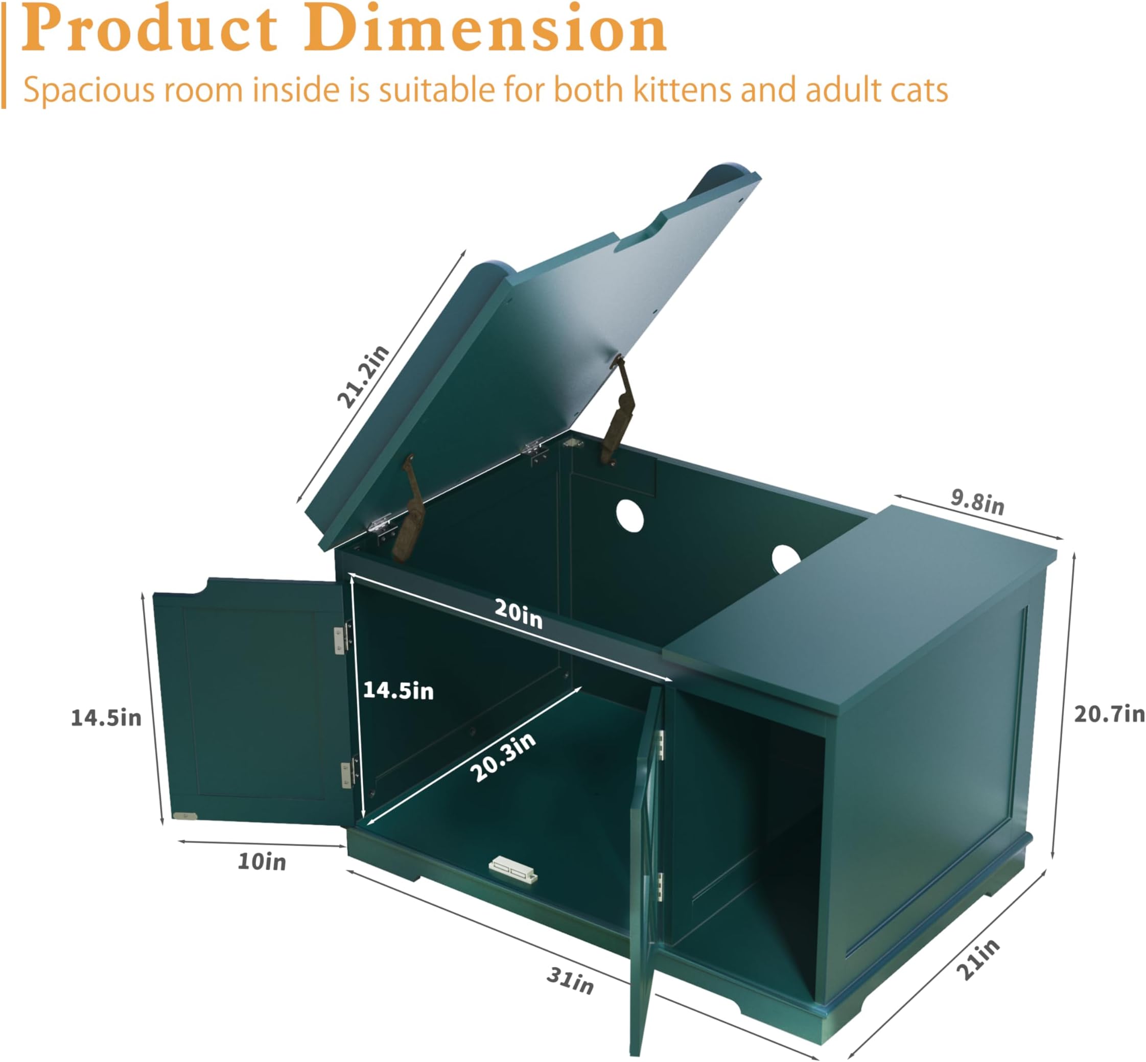 Flip Top Cat Litter Boxes Enclosure Covered Litter Box Hidden Furniture Wooden Cat Washroom Cabinet for Kitty, Medium and Large Cat Green