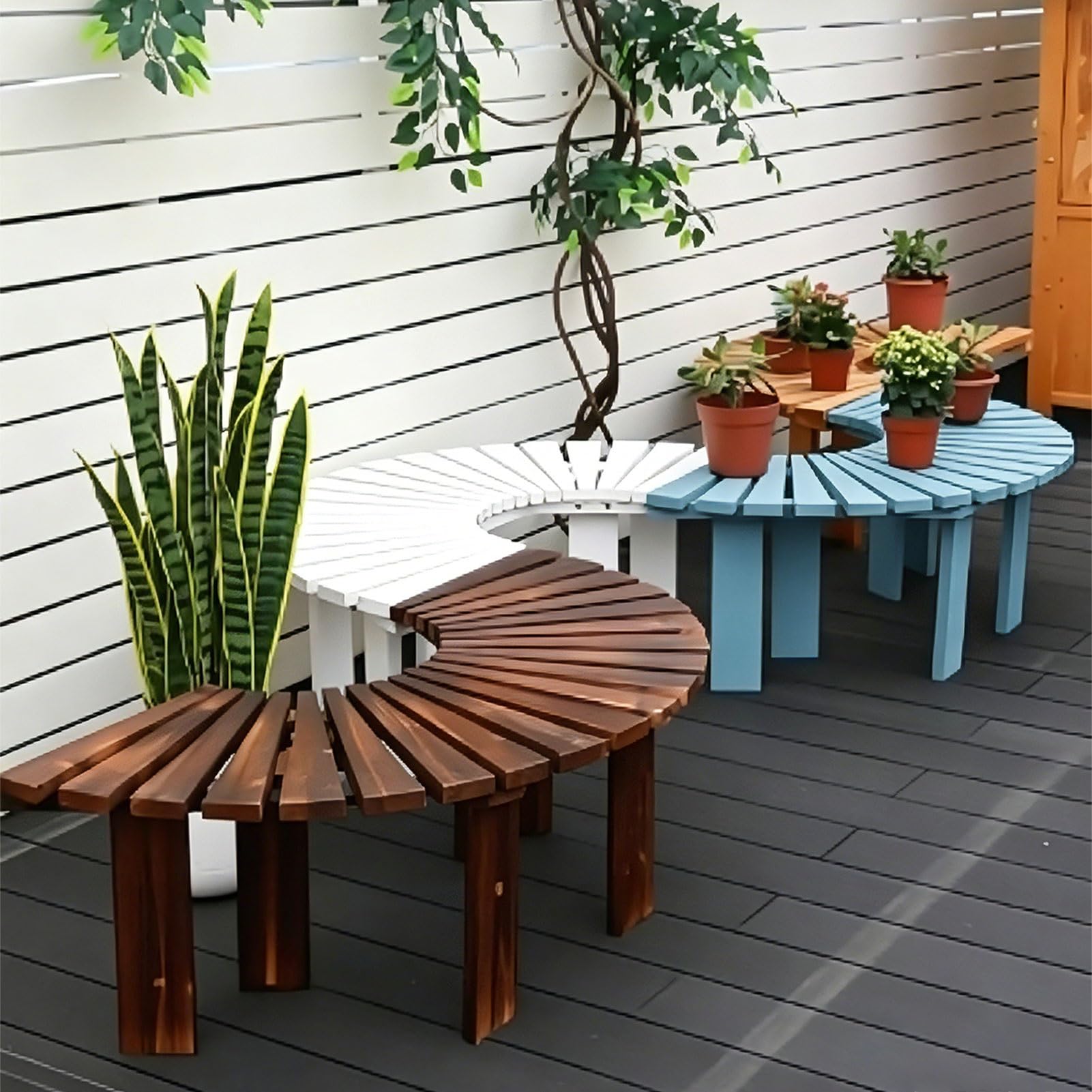 Banco de árbol semicircular blanco rústico para jardín y soporte de plantas