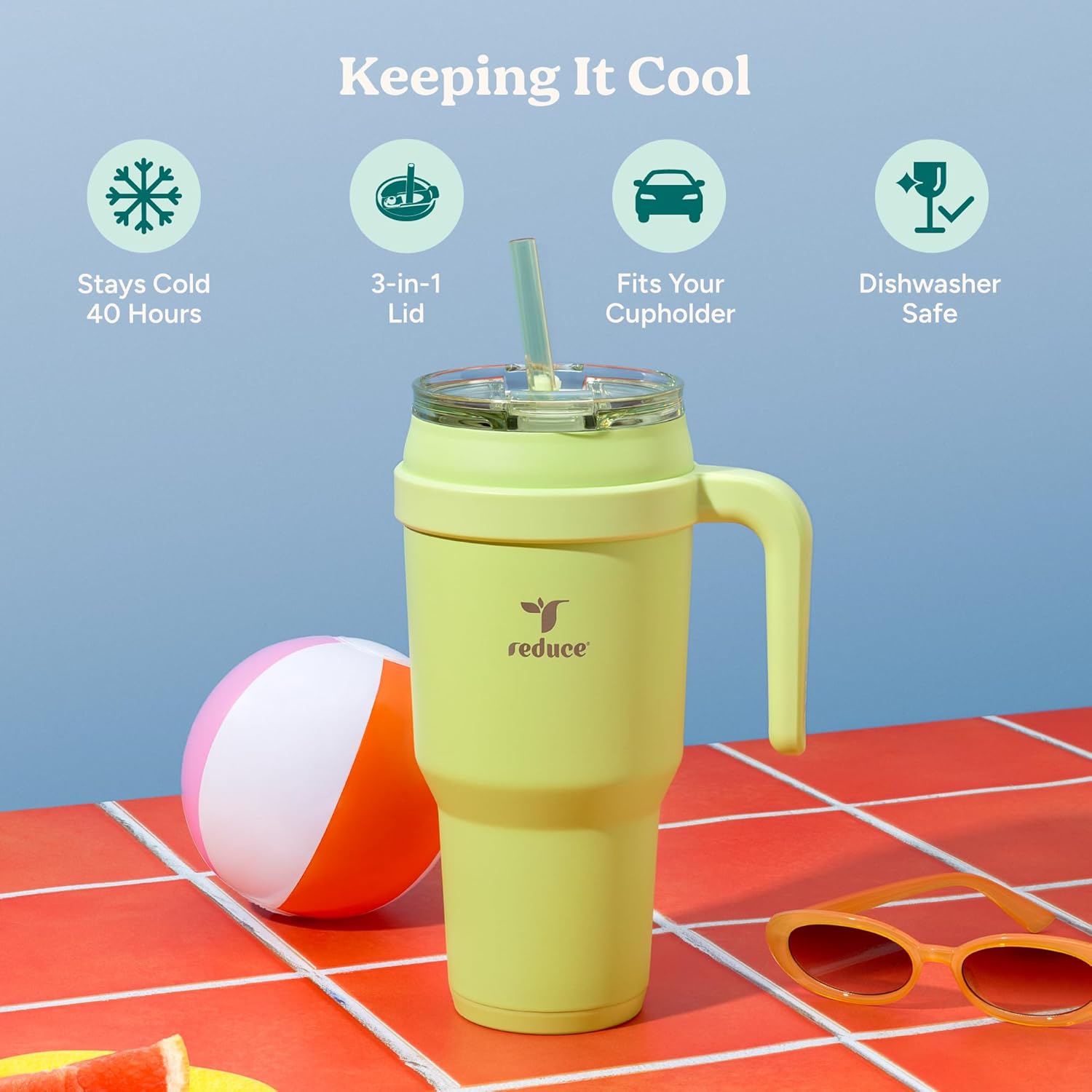 Reduce 40 oz Stainless Steel Tumbler with Handle - Dual-Wall Vacuum Insulated Travel Mug, Sweat-Proof Lid & Reusable Straw - Keeps Drinks Cold for 24 Hrs, Fits Cupholders, Dishwasher Safe-Ocean Breeze - Image 3
