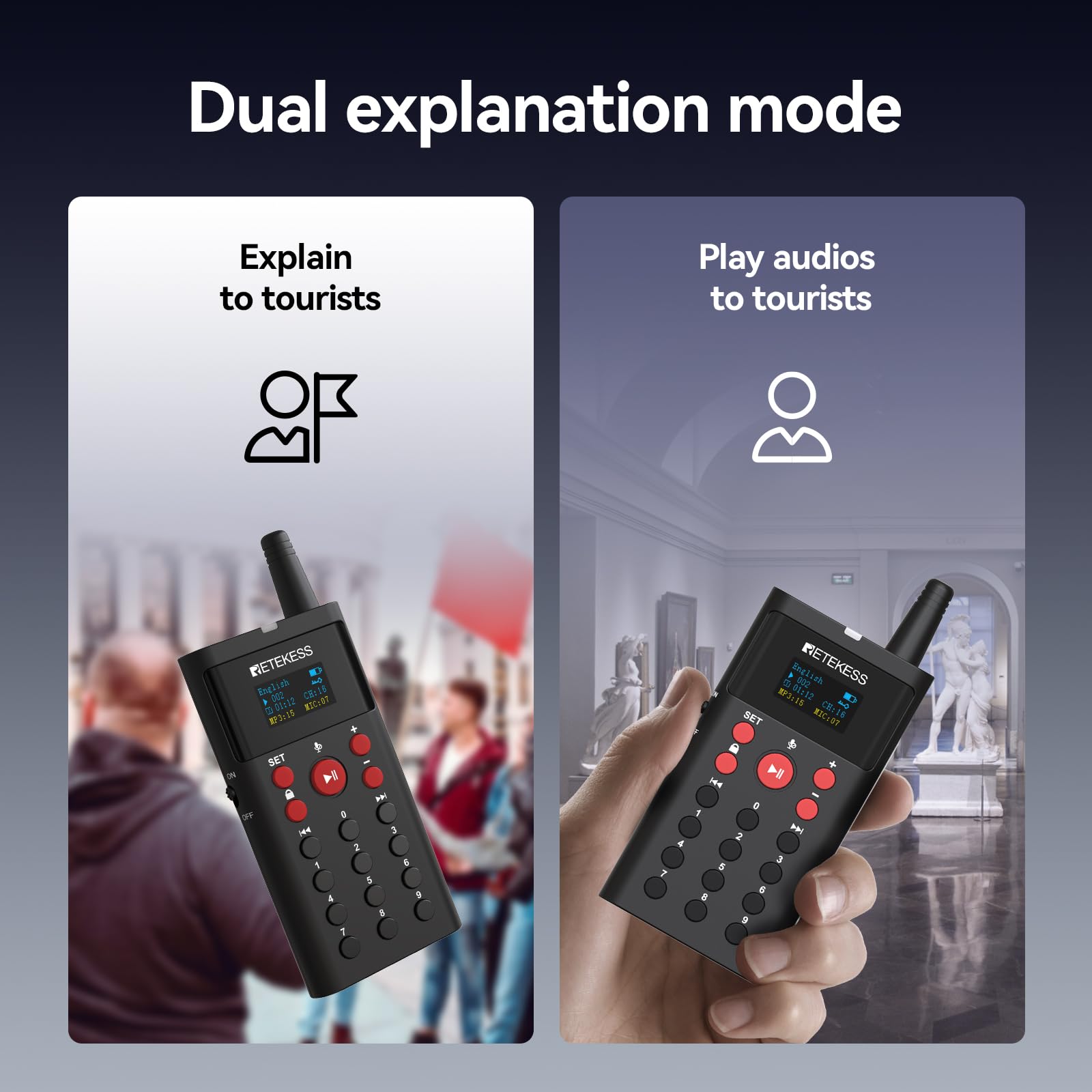 Retekess TT127 Audio Tour Guide Upgrade System, Audio Guide for Tour, 200m, Supports 41 Languages, 16GB Storage, Translation System for Exhibition Gallery (2 Transmitter 38 Receivers)
