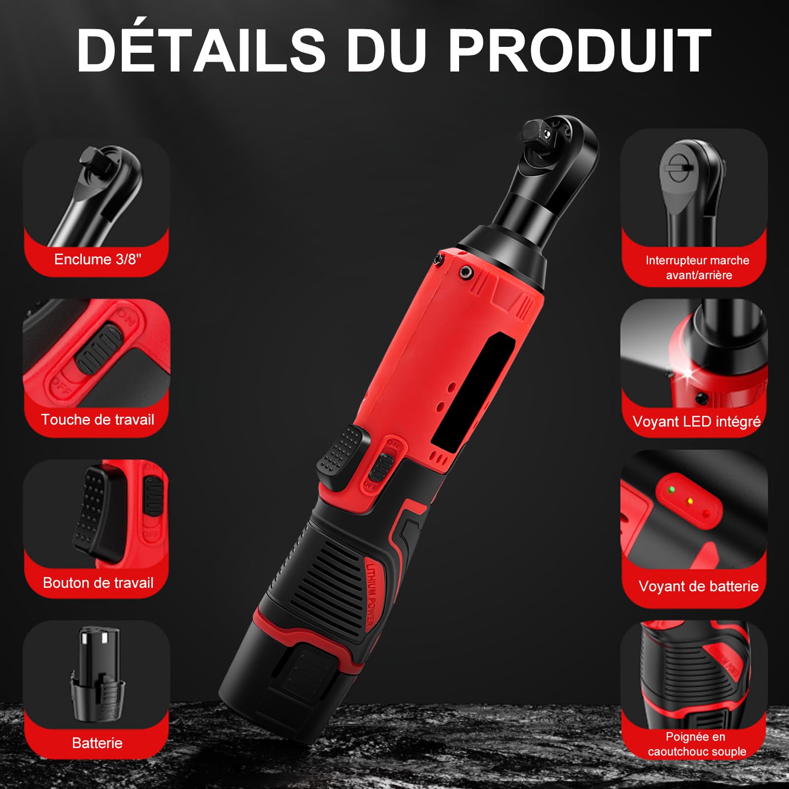 Clé à Cliquet Electrique Sans Fil, 35Nm 3/8" 12V Kit De Cliquet Sur Batterie Avec 2 Batteries De 1.5 Ah, Lumière LED Et 7 Prises, Vitesse Variable Cle A Cliquet Sans Fil Pour Auto Et Bricolage