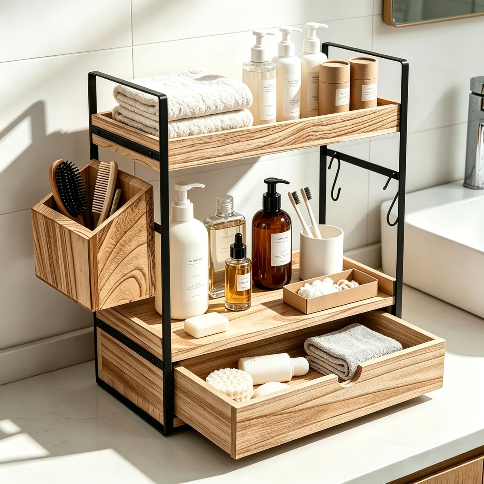 Organisateur de Salle de Bain 2 Niveaux, Étagère de Rangement en Bois et Métal avec Panier Latéral, Support Multifonction pour Cuisine, Bureau, Chambre, Range-Cosmétiques, Épices, Café, Thé