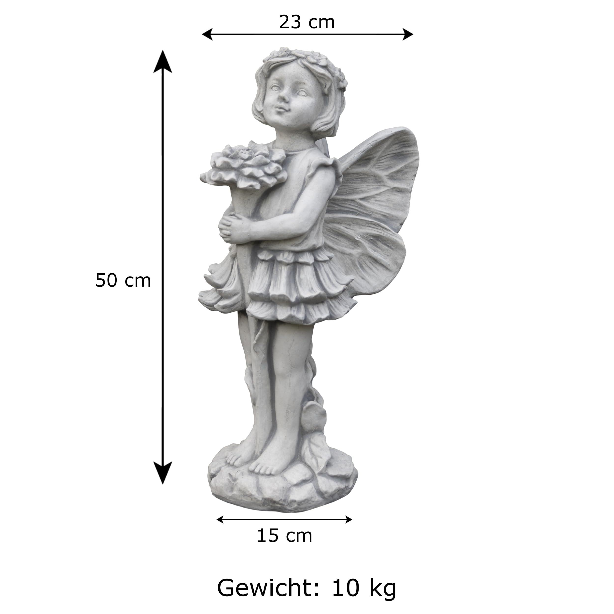 gartendekoparadies.de Bezaubernde Elfe mit Blume, Steinfigur, H. 50 cm, 10 kg, Grau, frostsicher aus Steinguss für Außenbereich