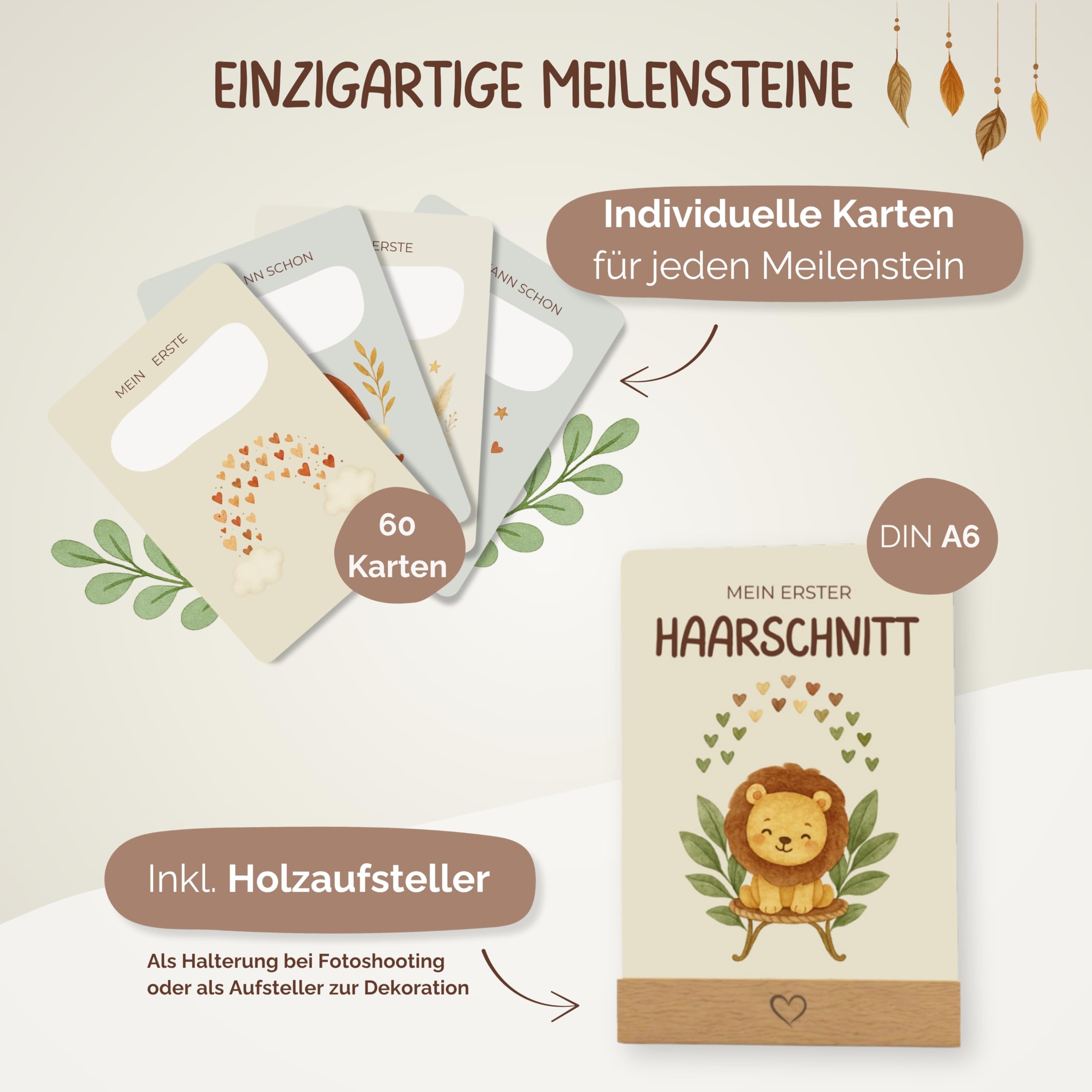 Meilensteinkarten Baby [Boho] 60 Monatskarten mit beschreibbaren Rückseiten – inkl. Geschenkbox und Holzaufsteller – Geschenk zur Schwangerschaft, Babyshower und Geburt