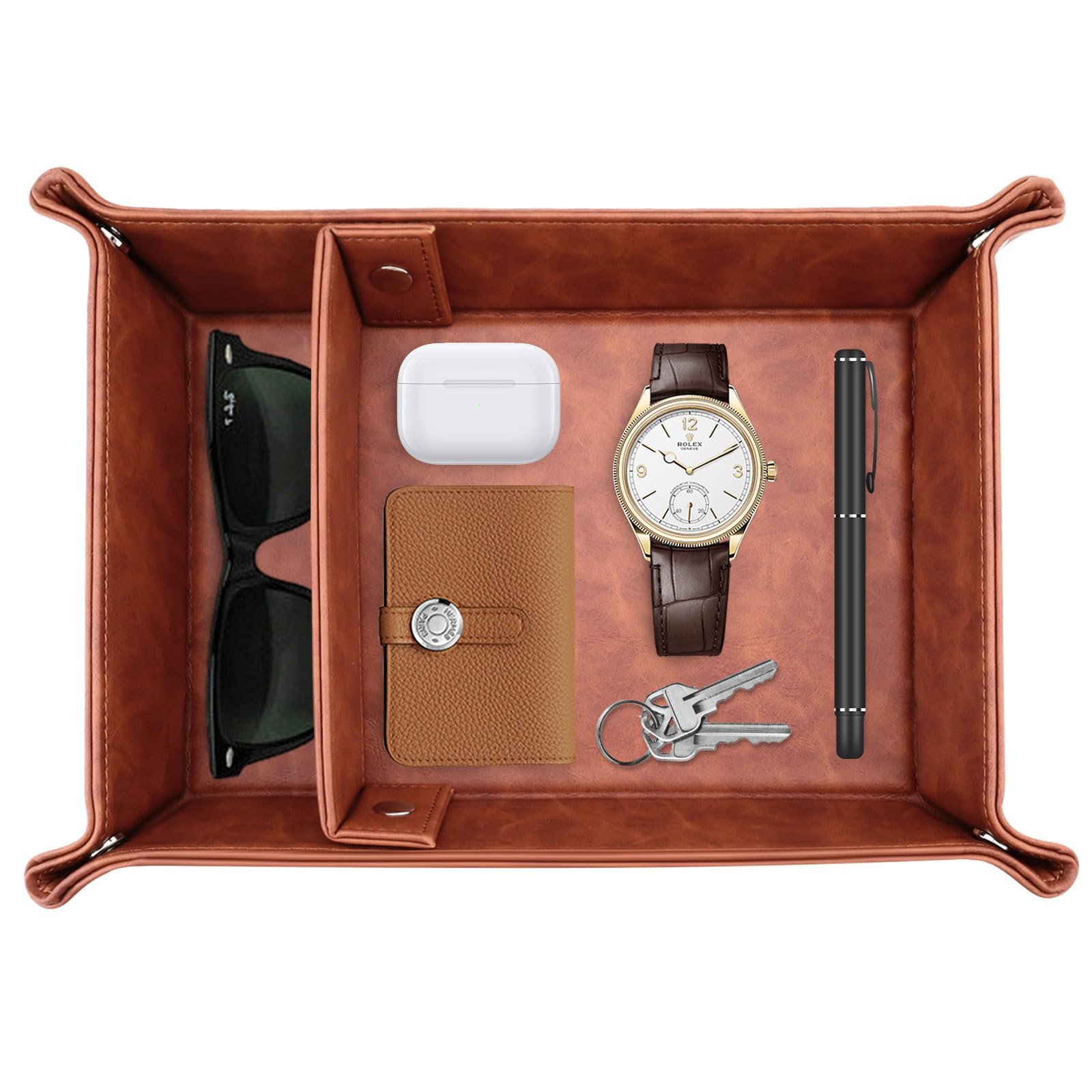 Diakey Men's Brown Leather Valet Tray For 2 Slots Nightstand Organizer Entryway Table Catchall Tray Vanity Tray Bedside Caddy For Key, Wallet, Watch, Phone, Coin, Jewelry,