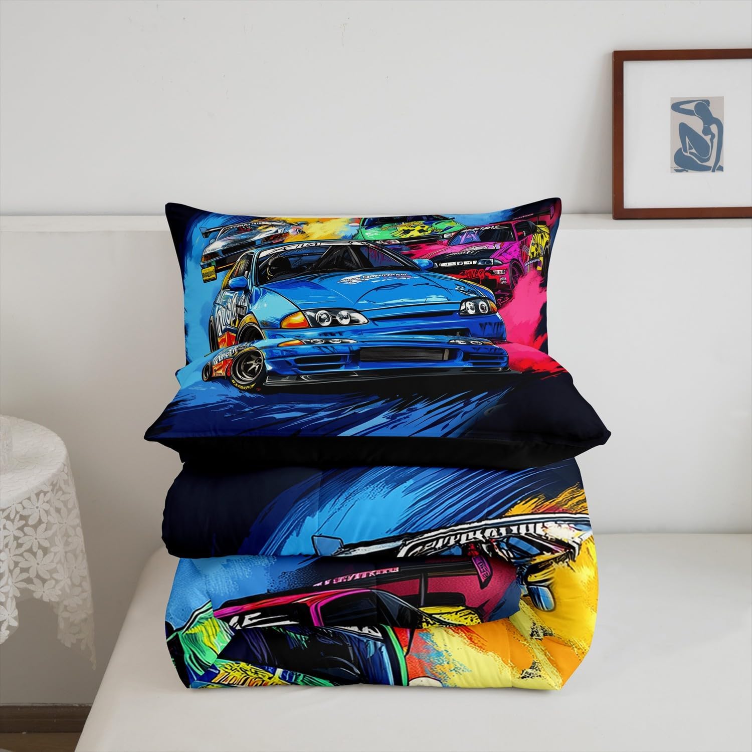 Cartoon Car Toddler Bedding Sets 2 Pcs,Colorful Street Art Graffiti Decor Racing Cars Comforter Set for Kids Boys Teens Men,Game Competition Style Modern Quilted Comforter with 1 Pillowcase