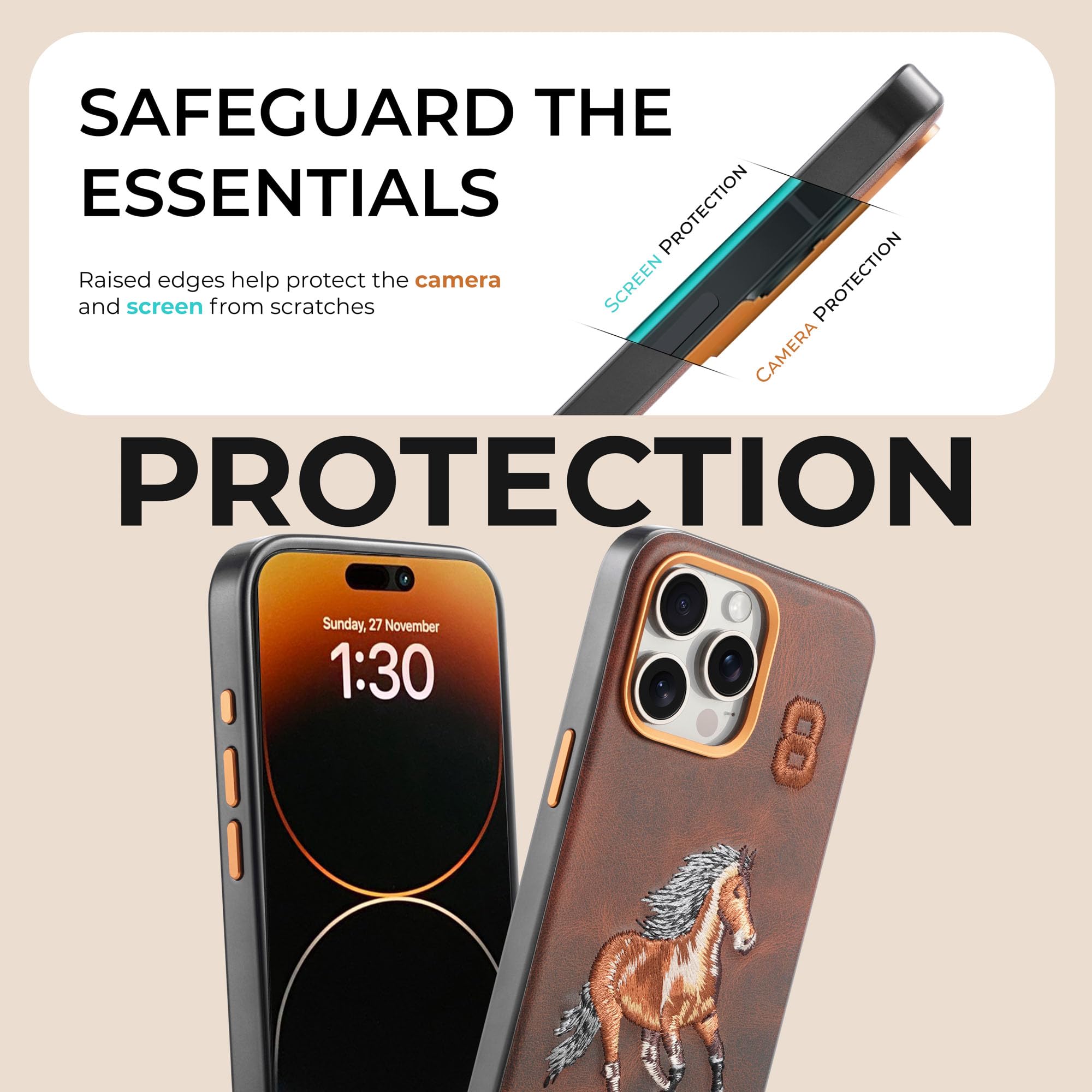 PULOKA - Mobile Cover for iPhone 15 PRO - Horse Embroidery - Sleek & Stylish - Protective & Anti Scratch Phone Cover Vegan Leather Back Case - Men & Women - Santa Barbara Polo (Brown) 1
