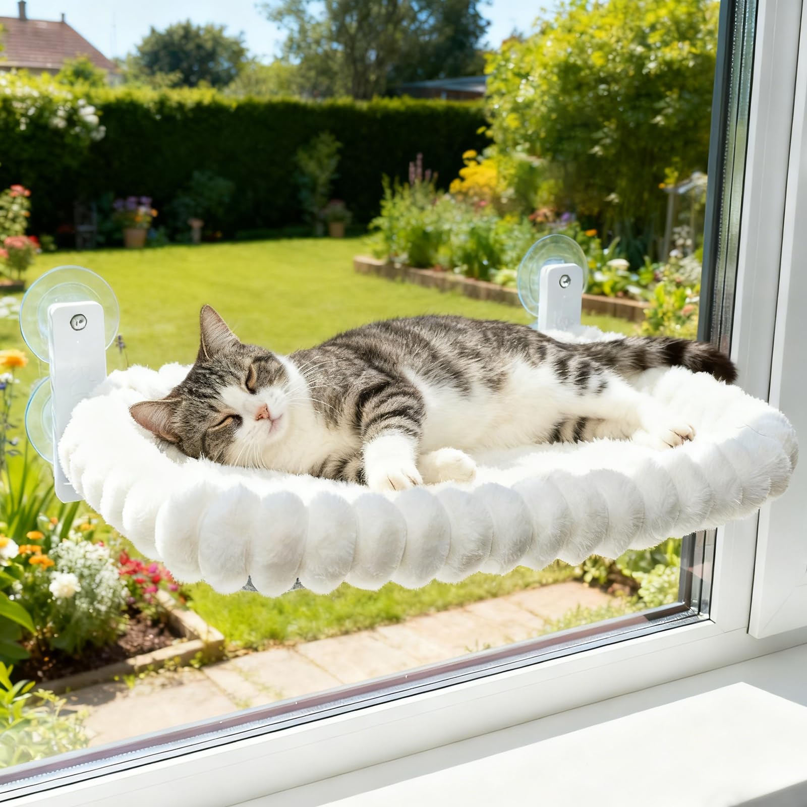 Cama para gatos para ventanas, gatos o ventanas, tumbona para gatos, hamaca con funda reversible y ventosas, estructura de acero estable, soporta hasta 18 kg, para gatos domésticos y perros